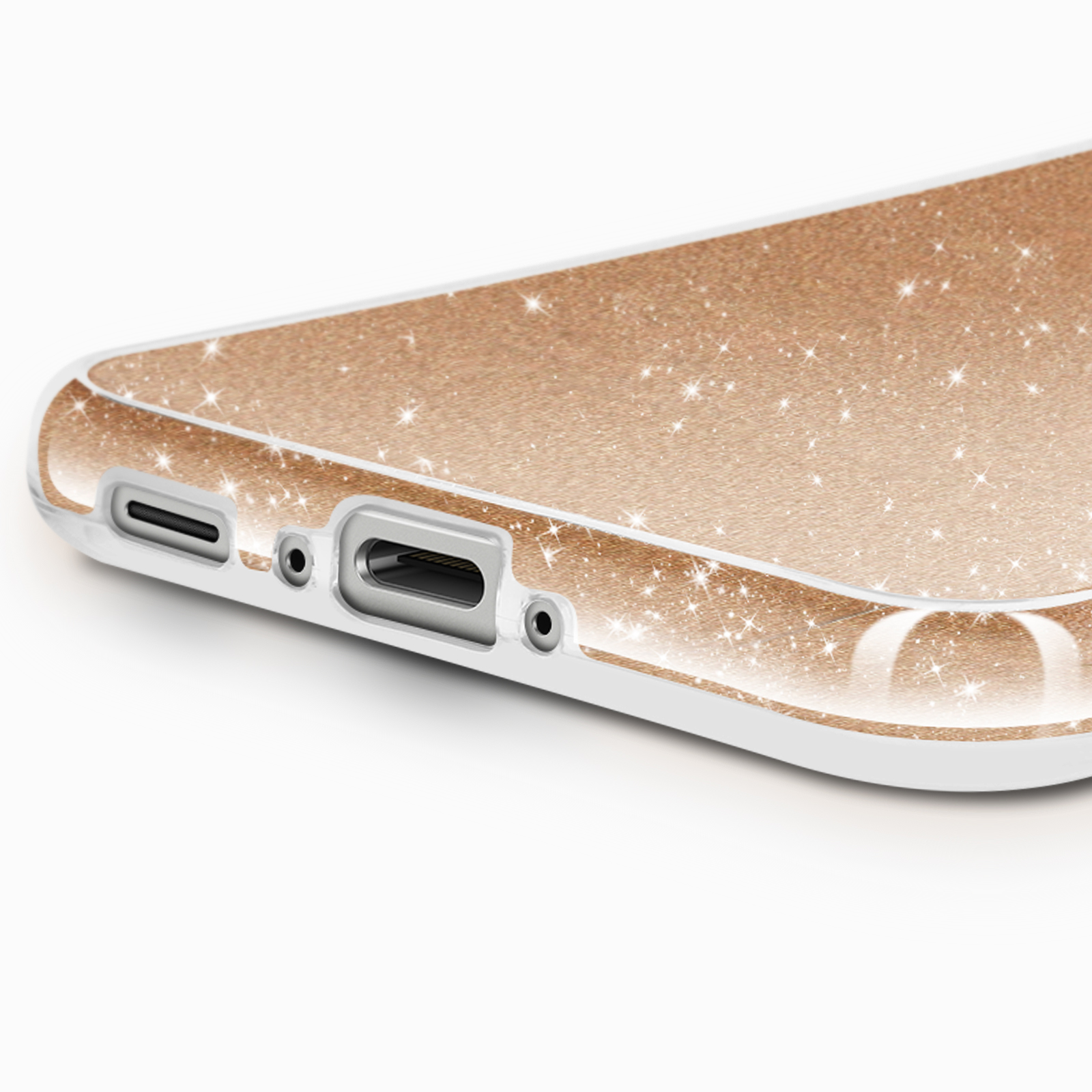 Une coque de téléphone or rose avec des paillettes.