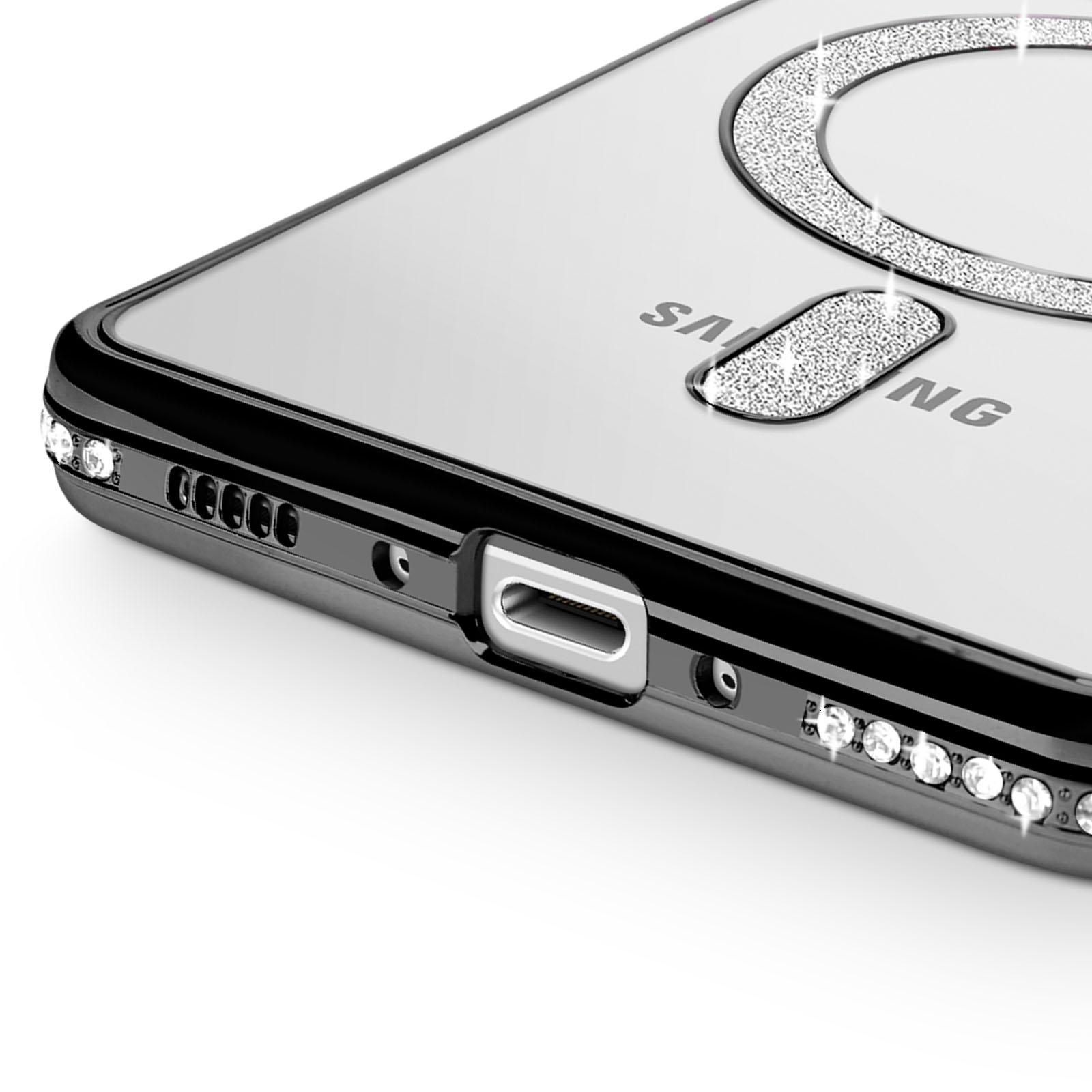 Coque de téléphone transparente avec accents pailletés et logo Samsung.