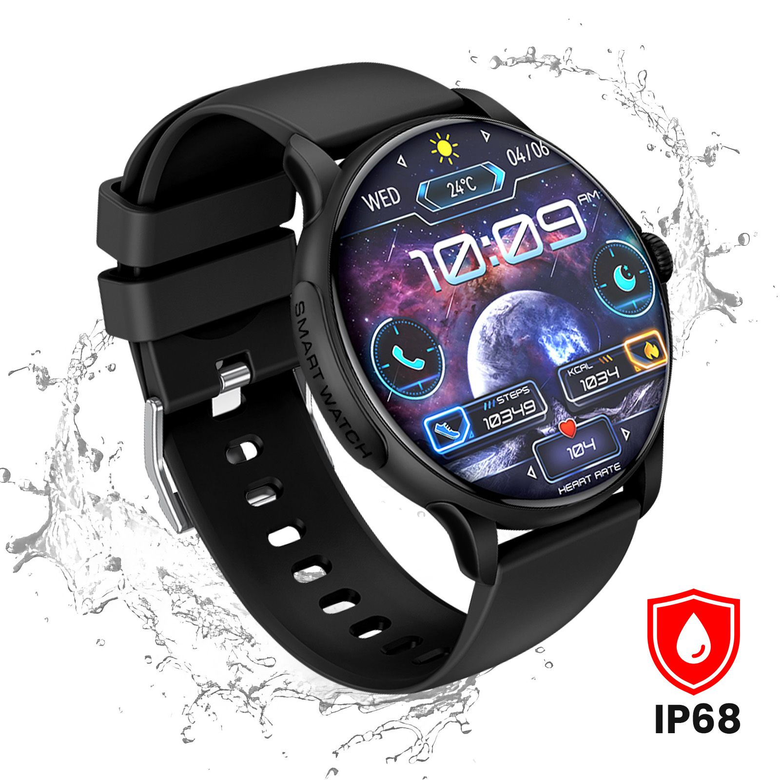 Montre connectée noire avec cadran spatial affichant l'heure, la date, les pas et le rythme cardiaque.