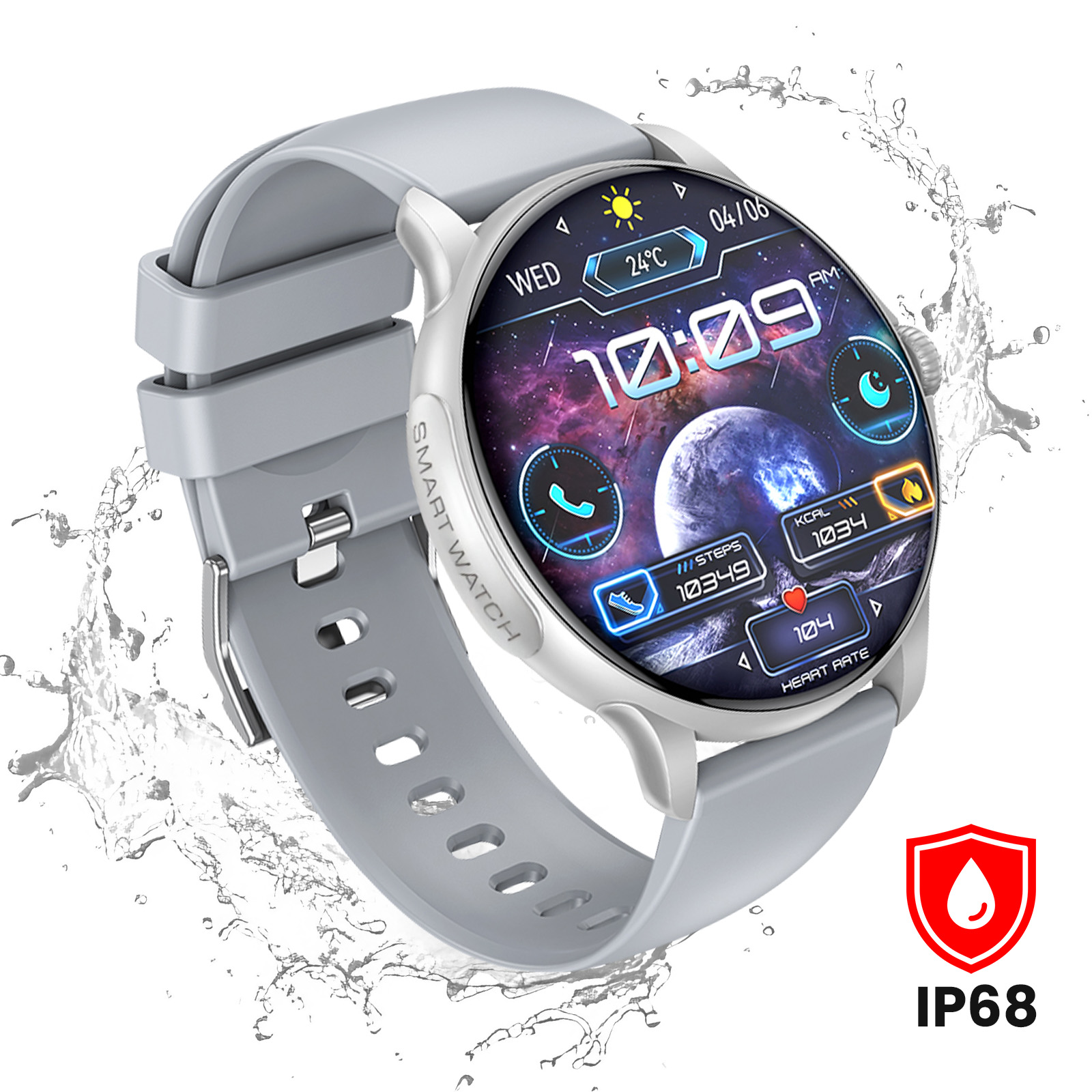 Graue Smartwatch mit Weltraum-Zifferblatt, 10:09 Uhr, Schritte, Herzfrequenz.