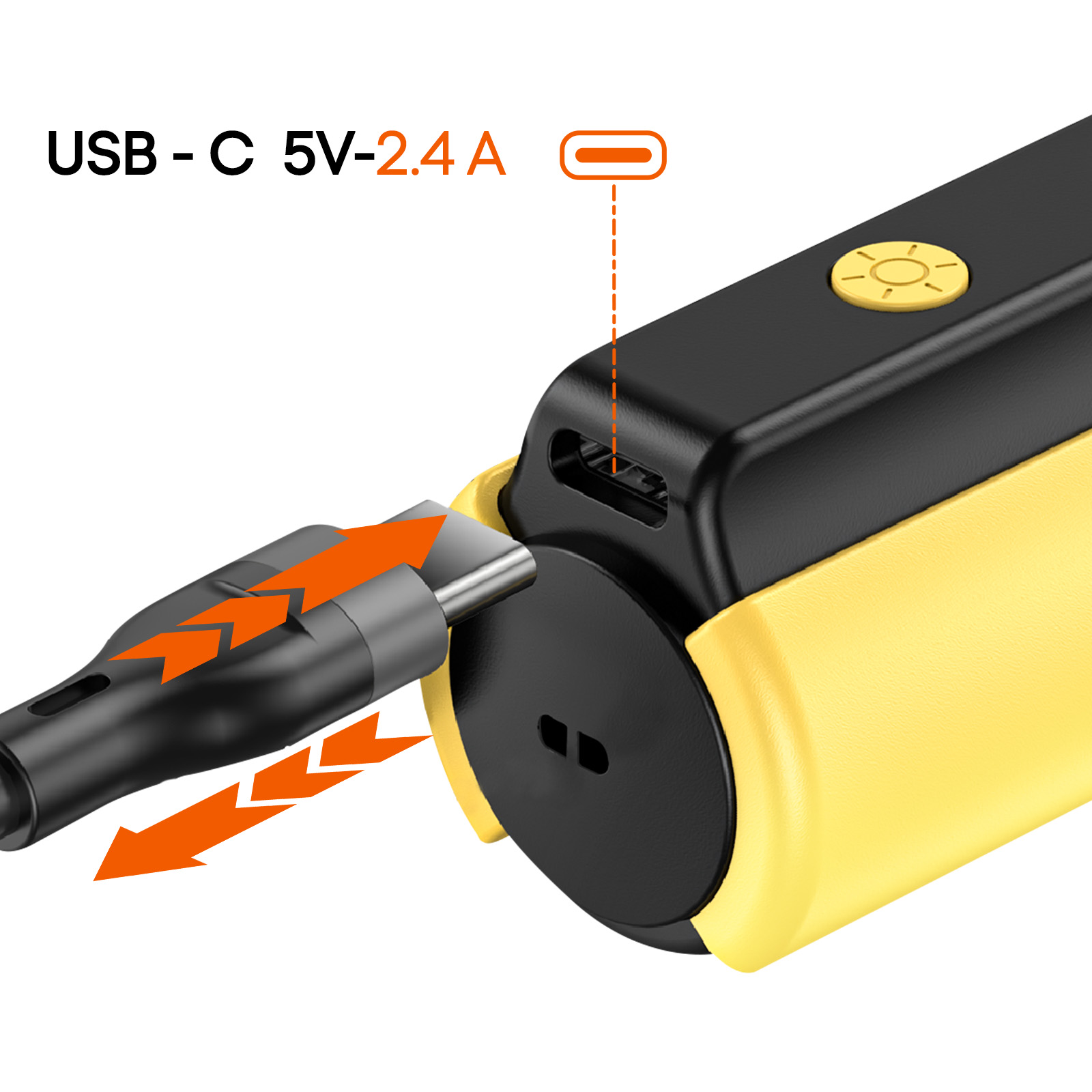 Se muestra un puerto USB-C de 5V-2.4A. Se está insertando un enchufe.