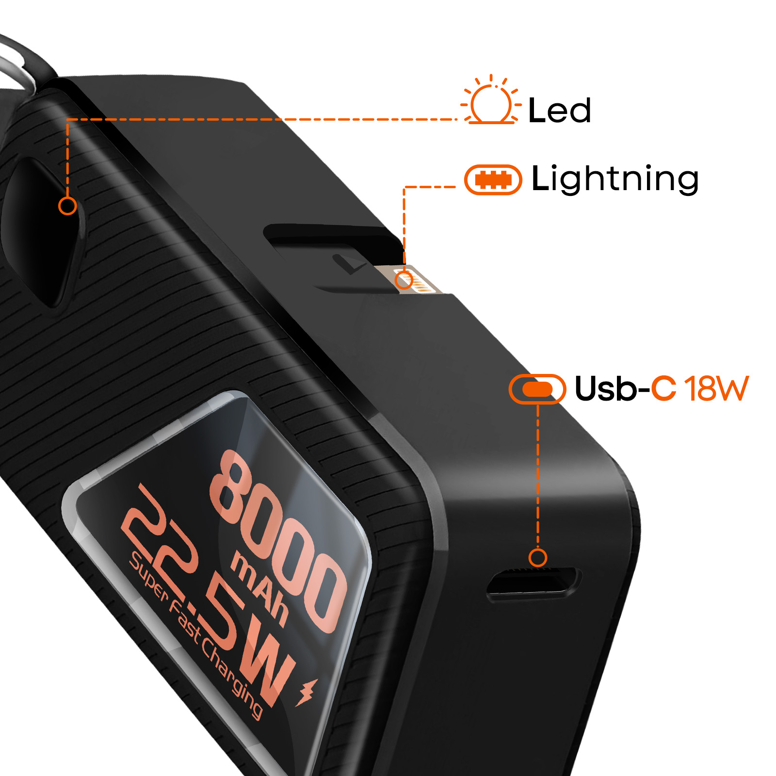 Batería externa negra de 8000 mAh, 22,5 W, LED, Lightning y USB-C 18W.