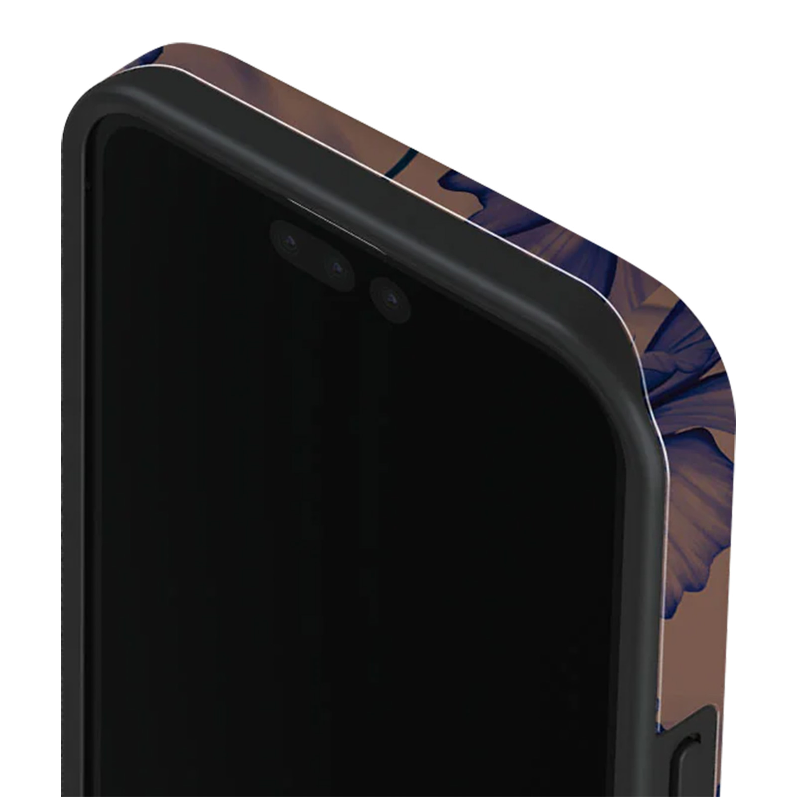 Primo piano di una cover per smartphone con fantasia floreale marrone e blu.