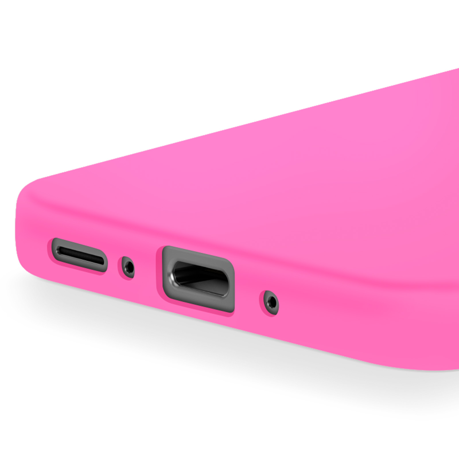 Primo piano di una custodia per telefono rosa che mostra porte e griglie degli altoparlanti.