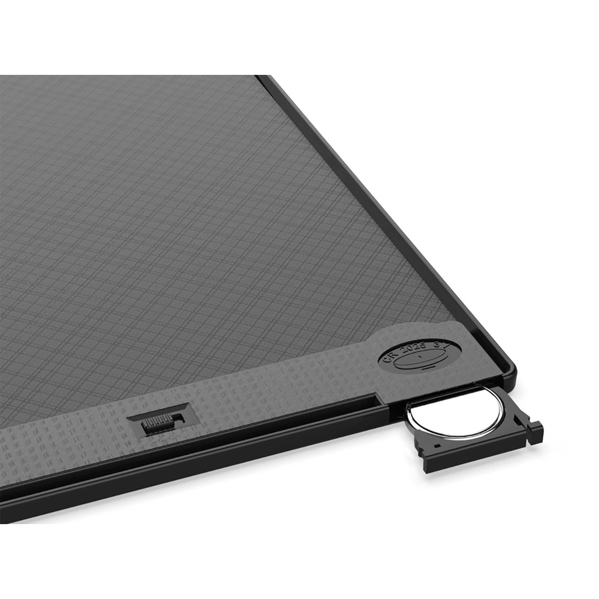Una custodia nera con un vano estraibile per una batteria CR2025.