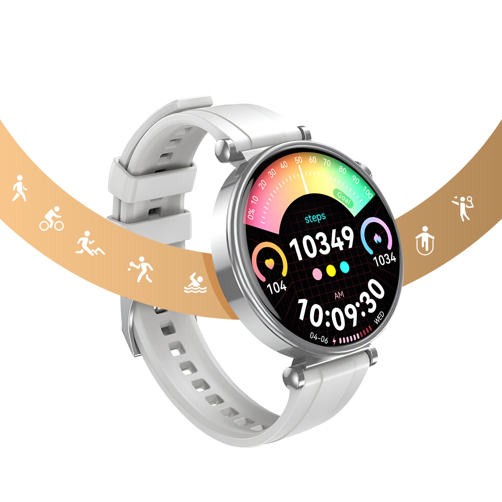 Montre connectée blanche avec écran coloré affichant pas, heure et icônes sportives.
