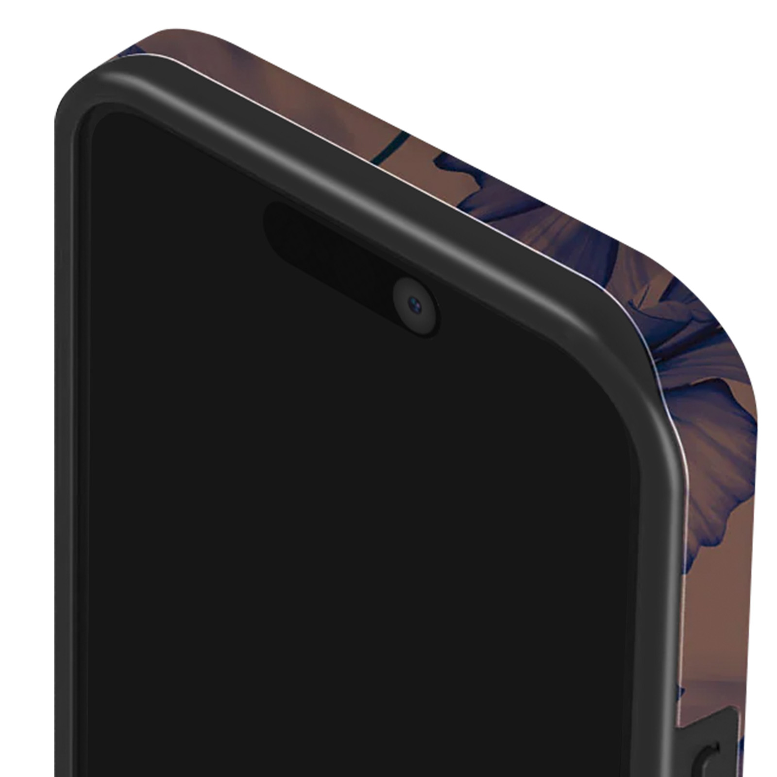 Gros plan d'une coque de téléphone à motif floral bleu et marron.