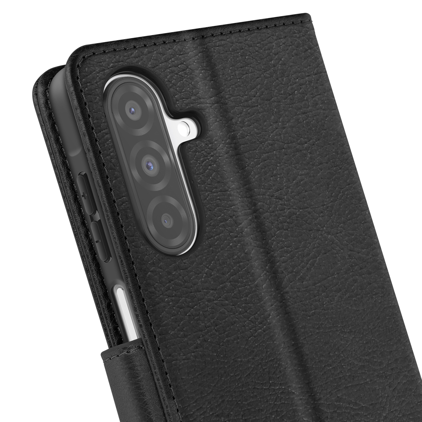 Custodia nera per telefono con array fotocamera e pulsanti laterali.