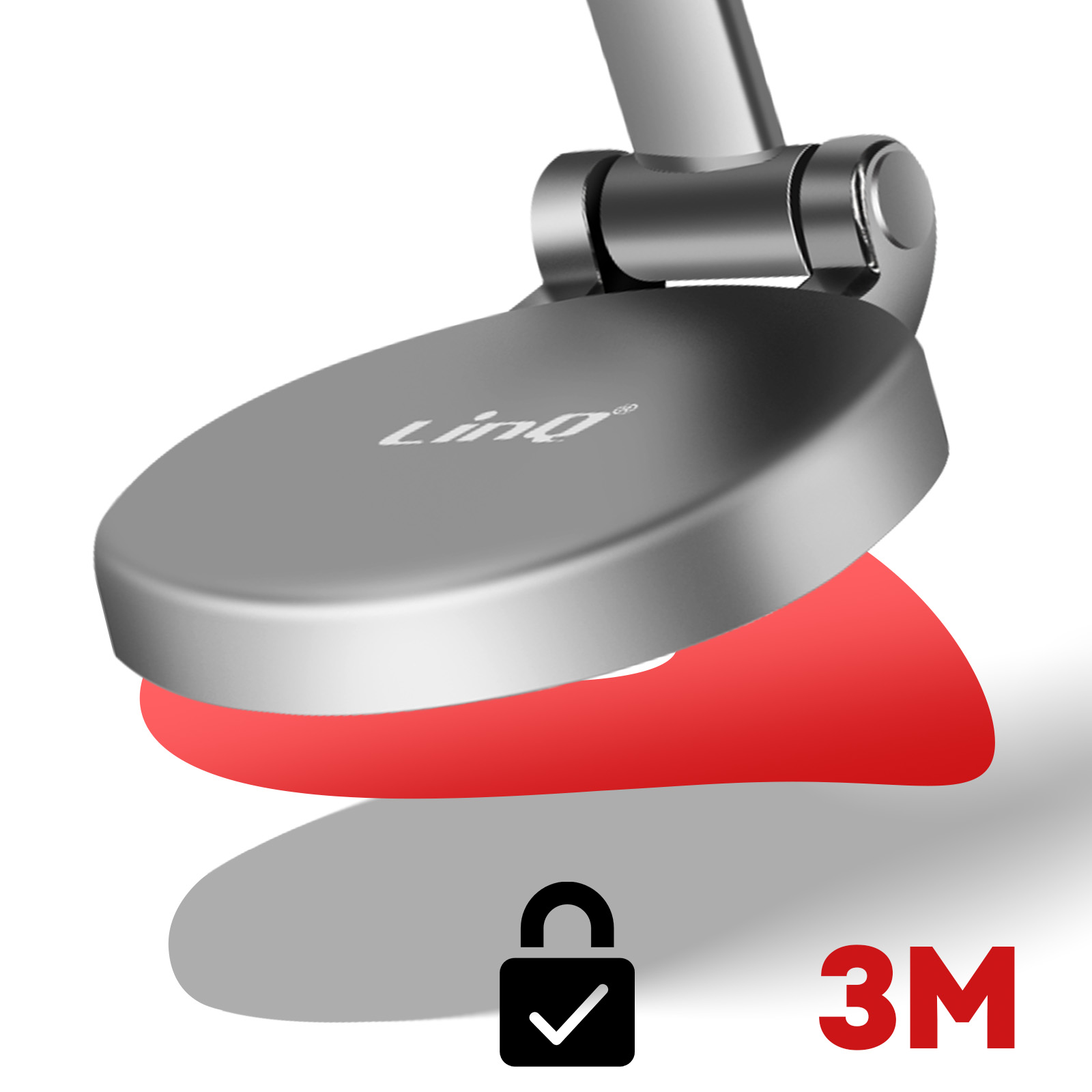 Un support de téléphone argenté avec un accent rouge et une icône de cadenas.