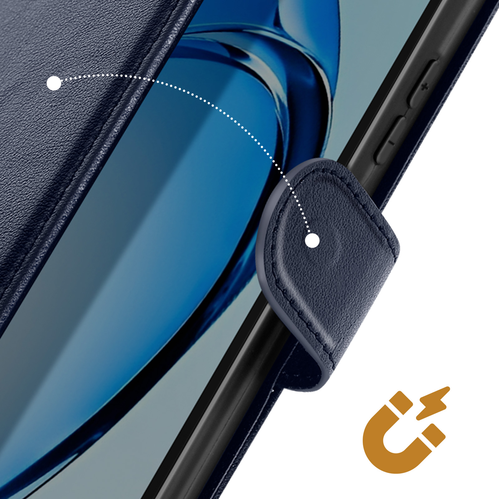 Custodia blu scuro per telefono con chiusura magnetica e icona magnete dorata.