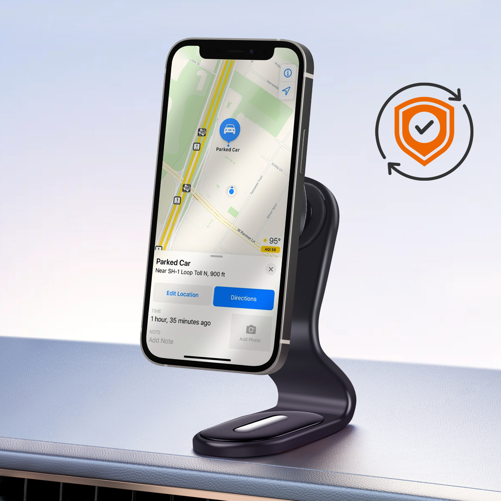 Uno smartphone mostra un'app di navigazione con auto parcheggiata. Icona a scudo accanto.