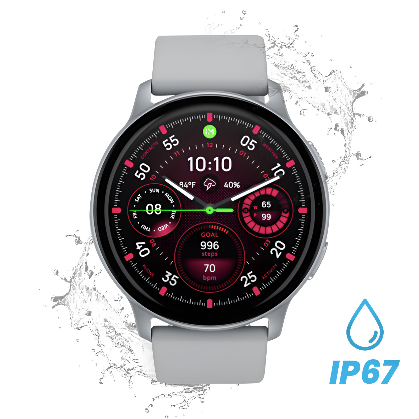 Montre connectée argentée avec bracelet gris, affichant 10:10, 84F, 40%, 996 pas.