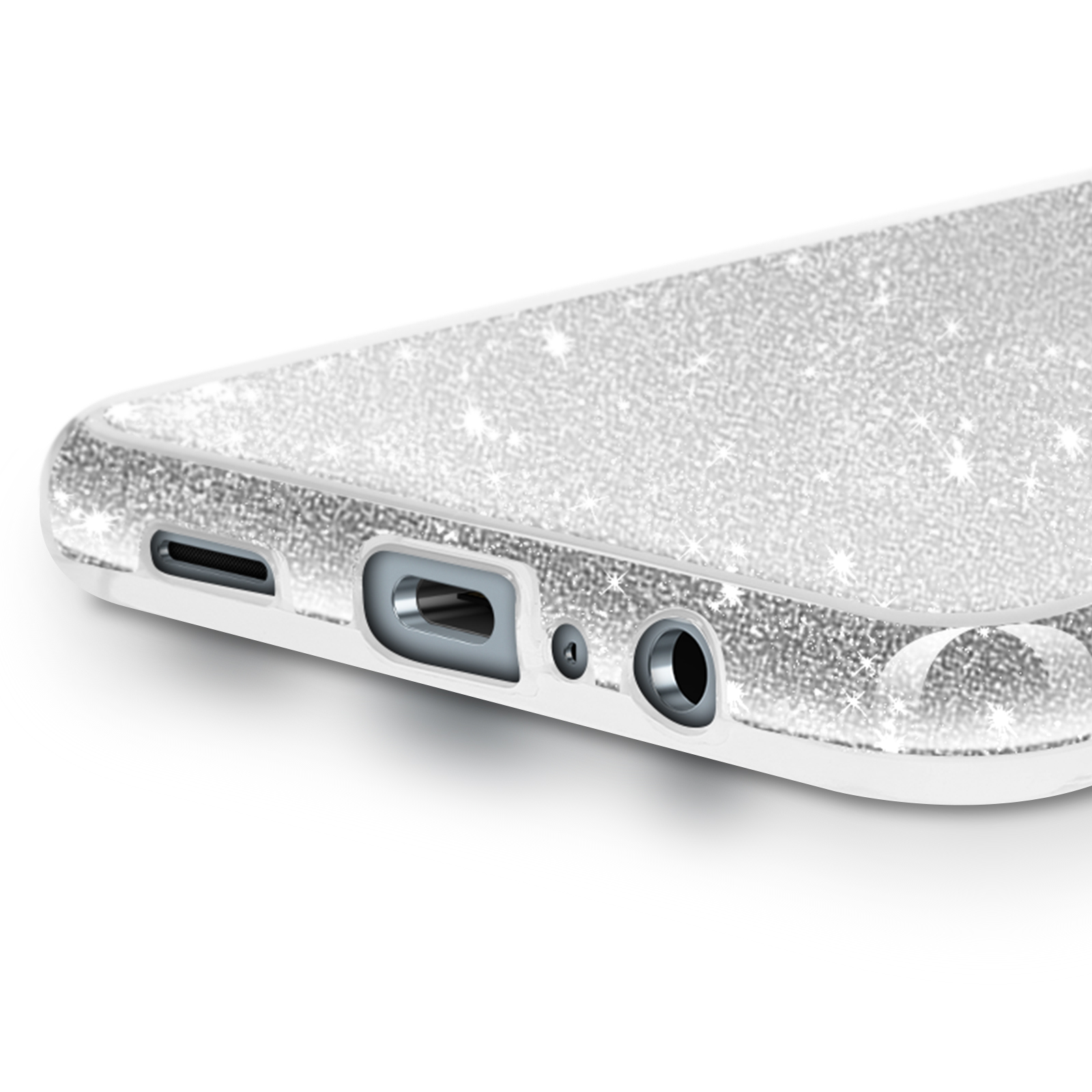 Custodia argentata per telefono con dettagli glitter e porte.