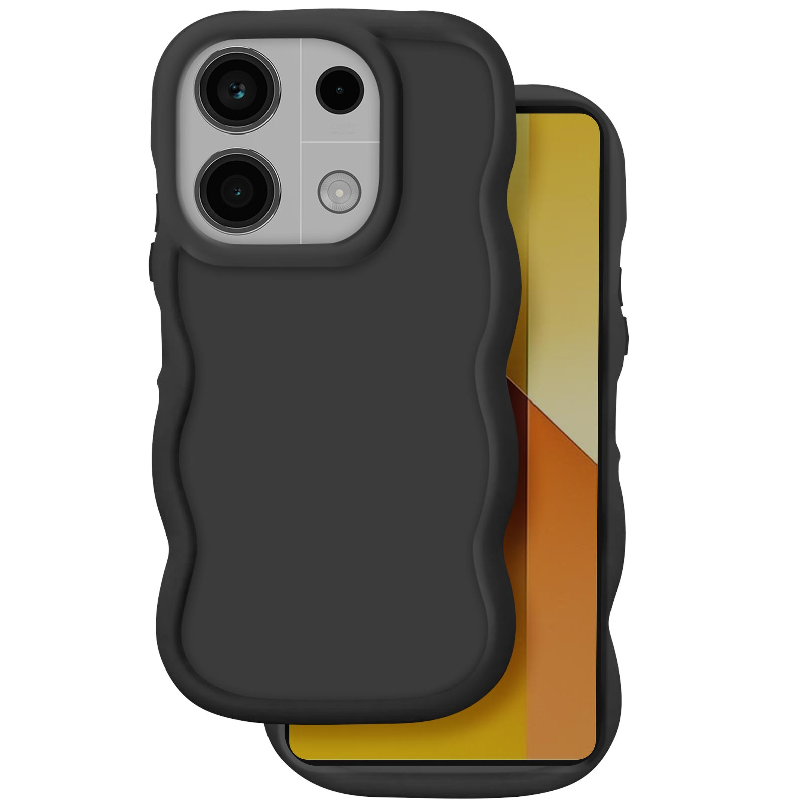 Custodia nera ondulata per telefono che mostra il modulo fotocamera e parte dello schermo.
