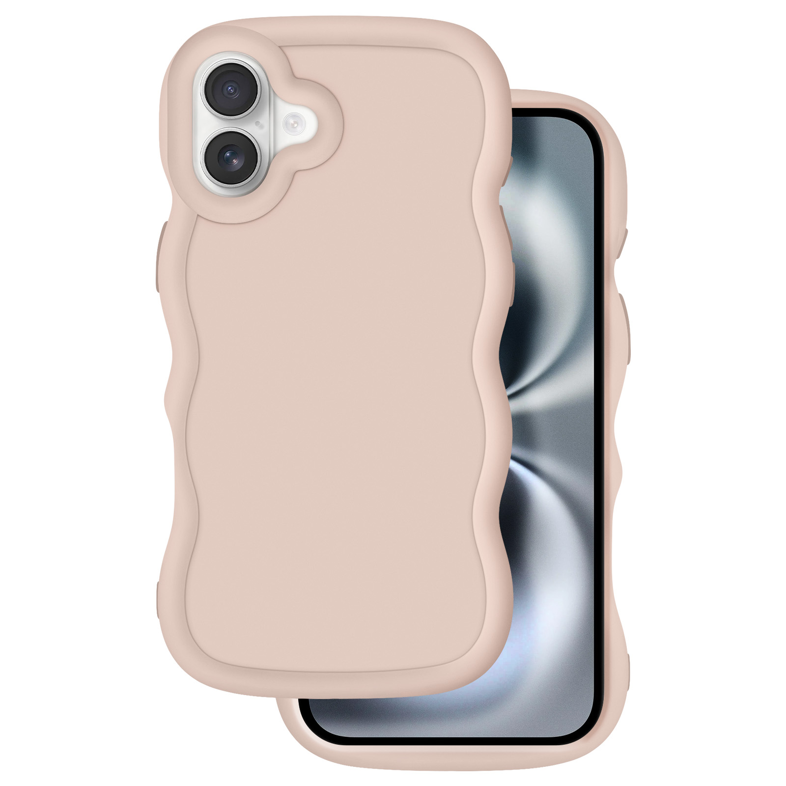 Ein beiger Handyhülle mit Wellenmuster liegt auf einem Smartphone.