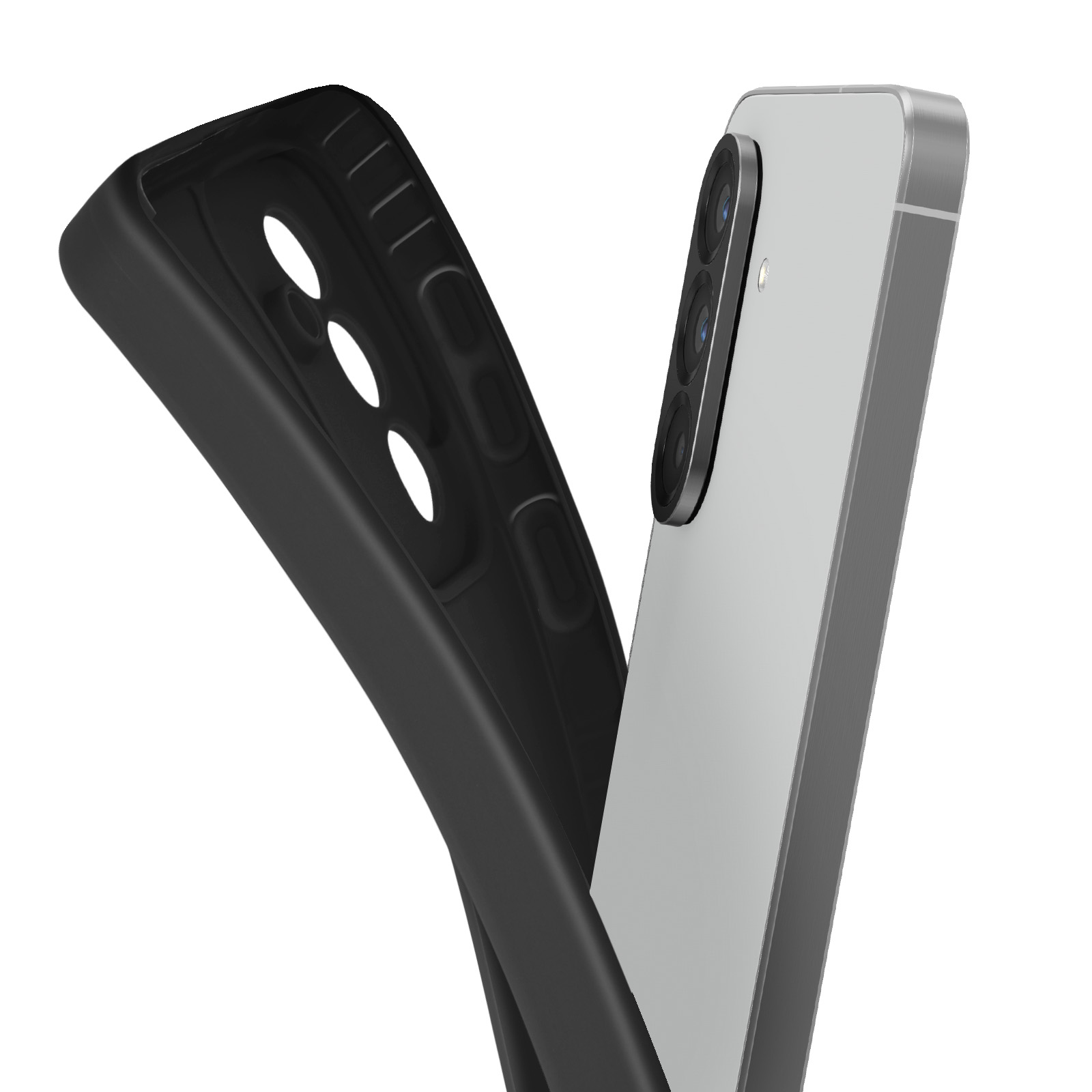 Een zwart telefoonhoesje en een zilveren smartphone met drie camera's.