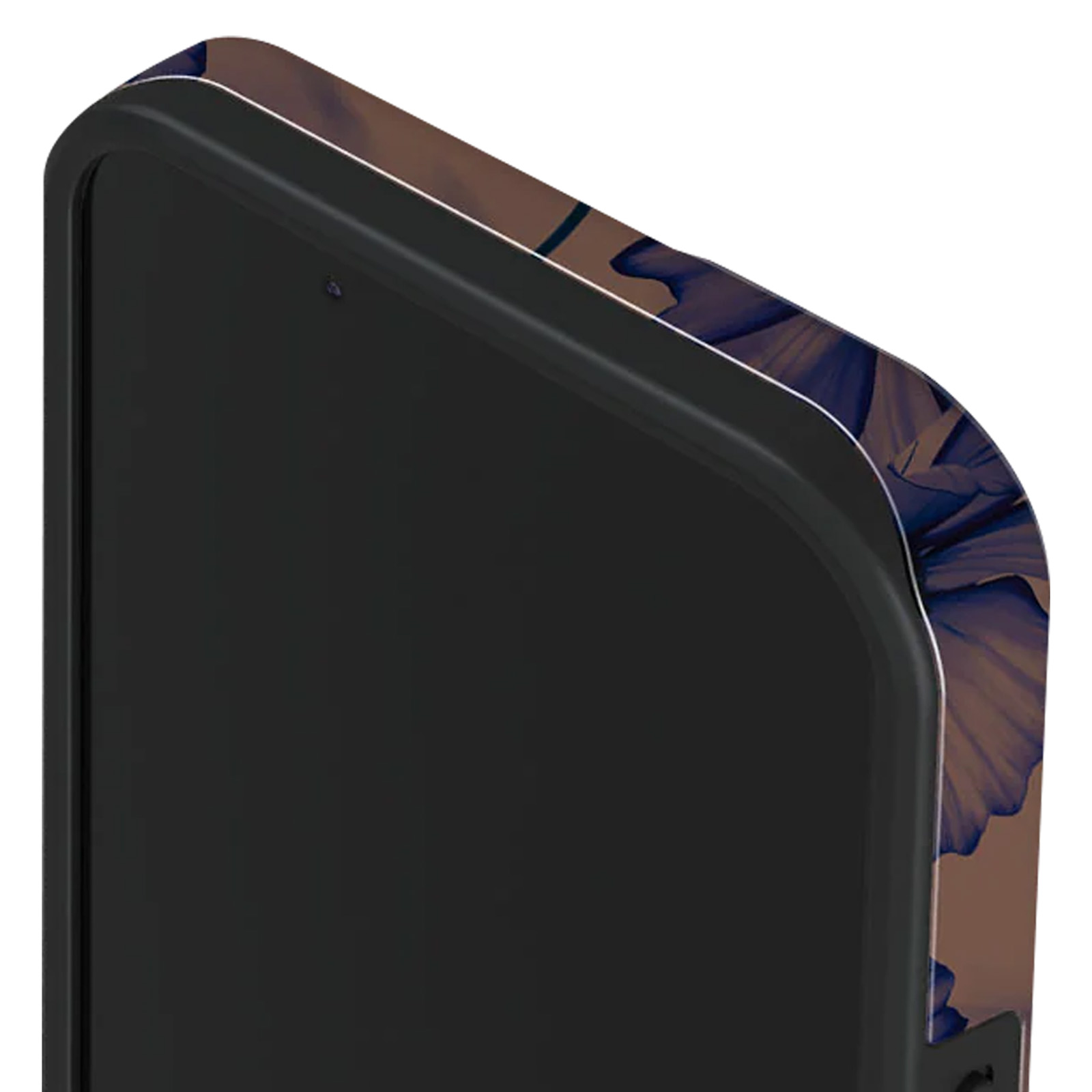 Een zwarte smartphone met bloemenpatroon aan de zijkant.