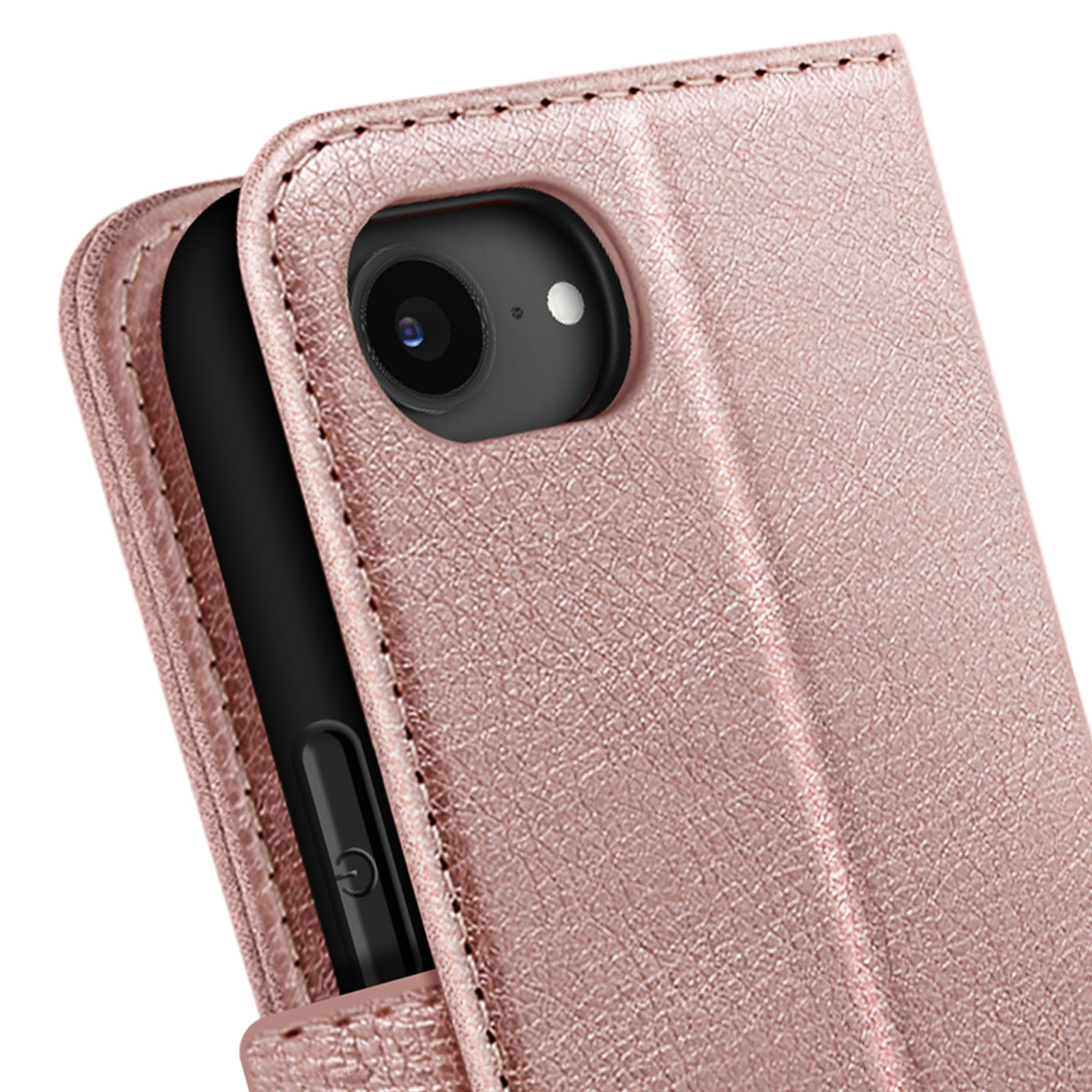 Primo piano di una custodia per telefono oro rosa con fotocamera e pulsante di accensione.