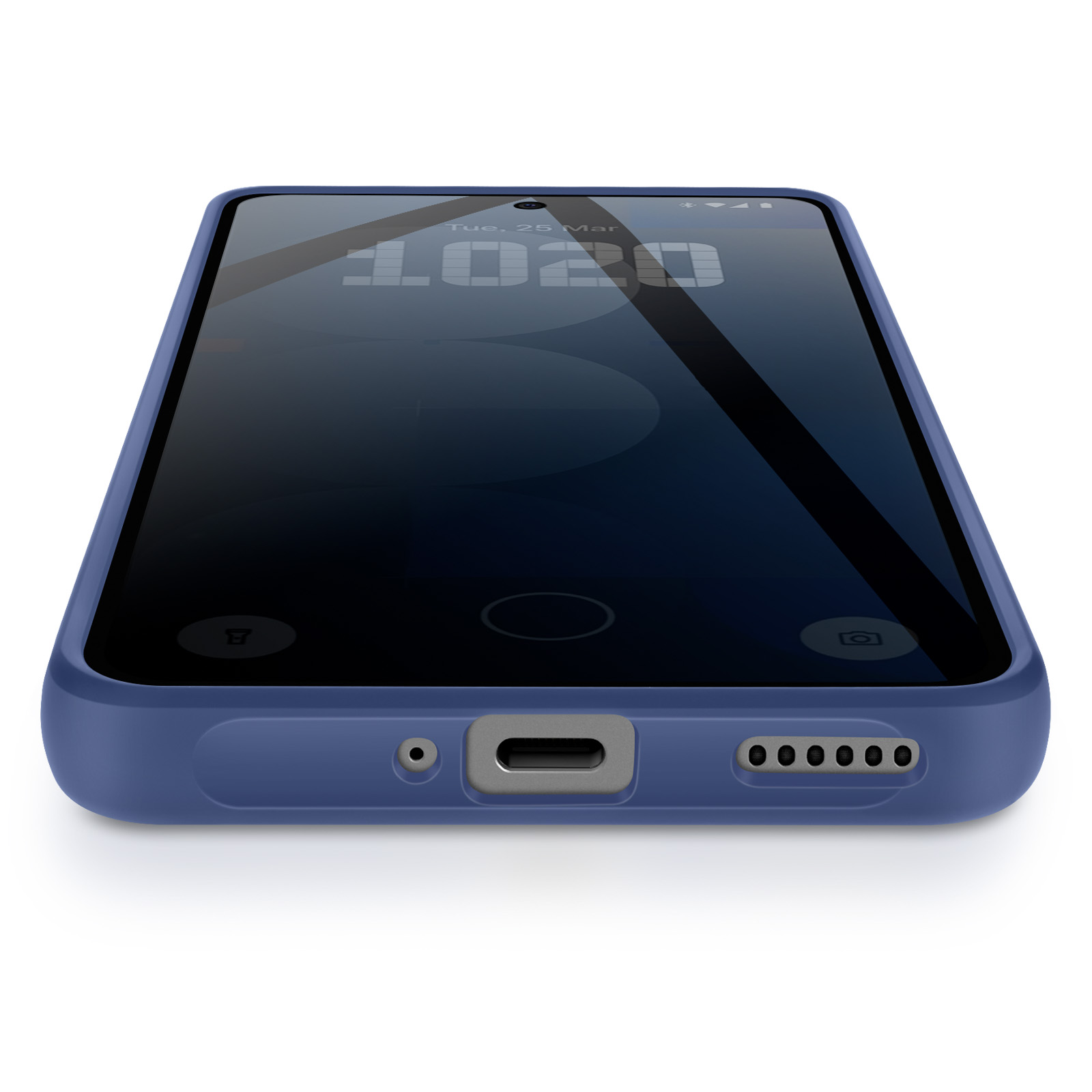 Blauwe smartphone met oplaadpoort en luidsprekers aan de onderkant.