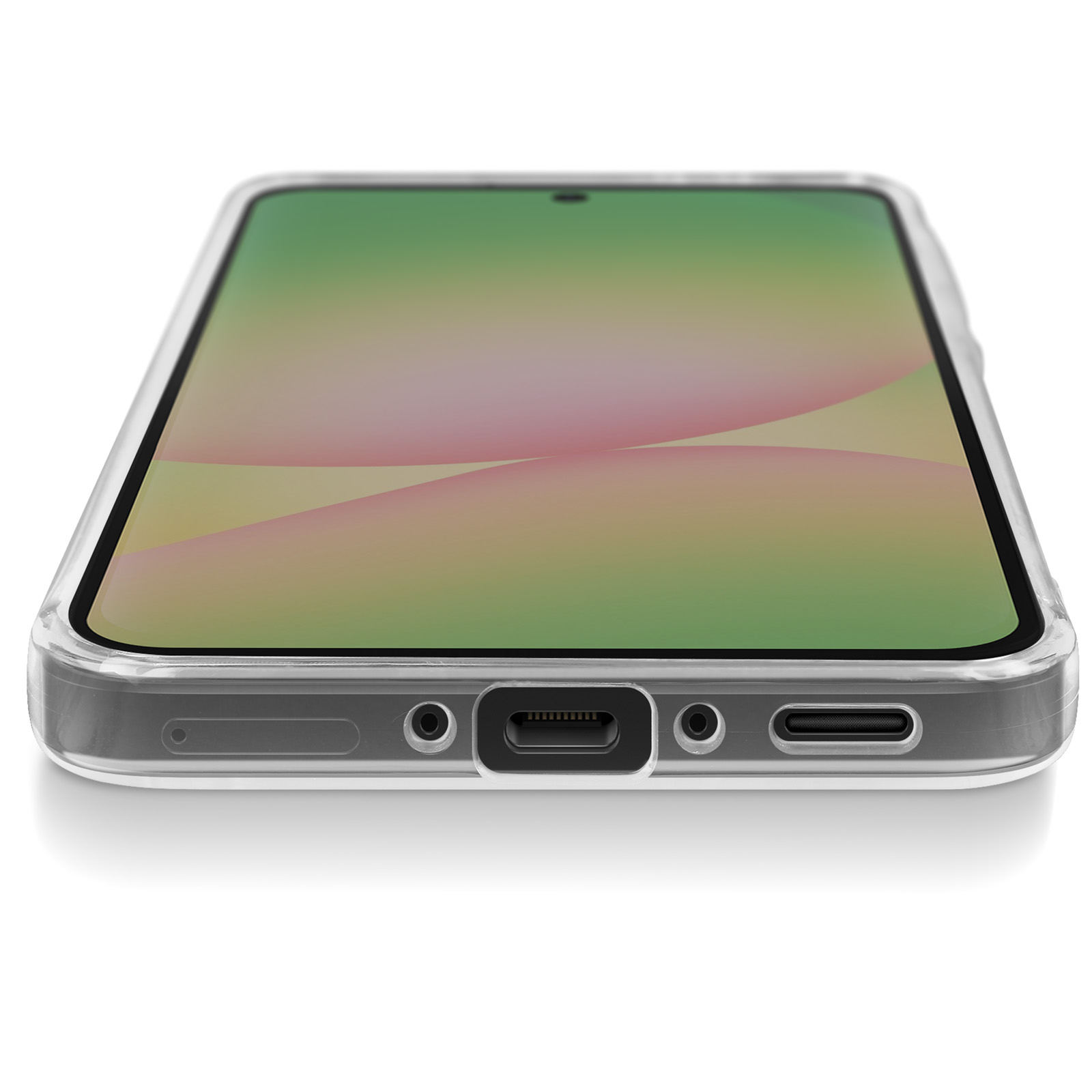 Une coque de téléphone transparente sur fond blanc. Ports de chargement en bas.