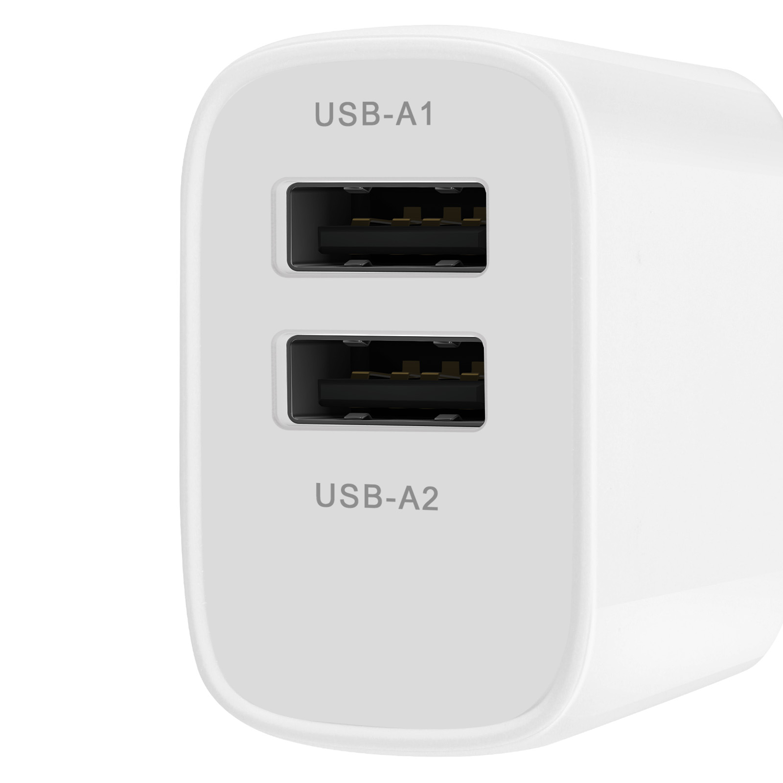 Un adattatore di ricarica USB bianco con due porte USB-A.