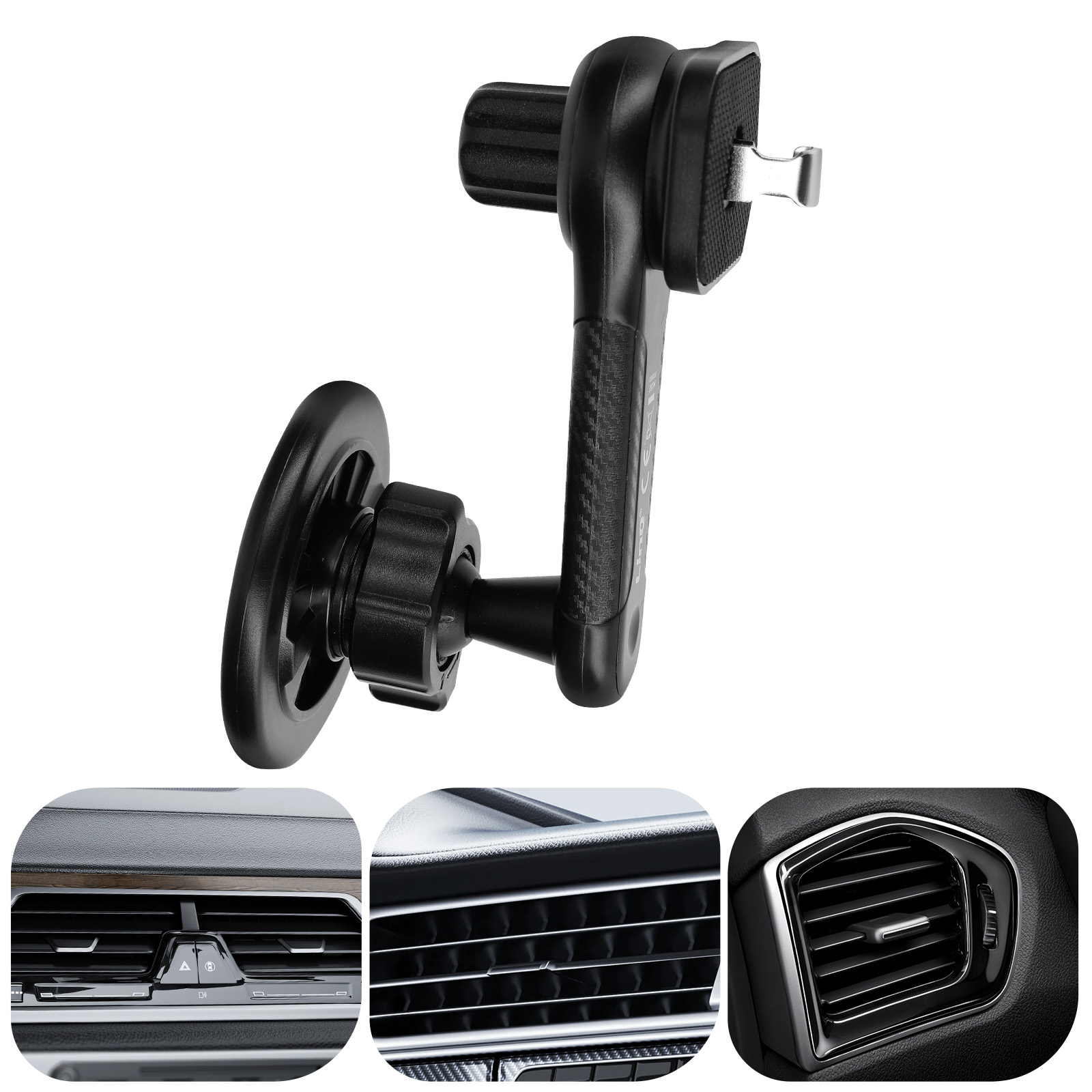 Supporto per auto nero con ventosa e tre primi piani di bocchette di ventilazione.