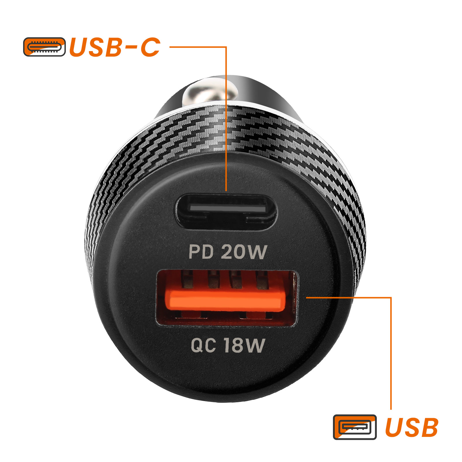 Ein schwarzer USB-C-Autoladeadapter mit Carbonmuster und zwei Anschlüssen.