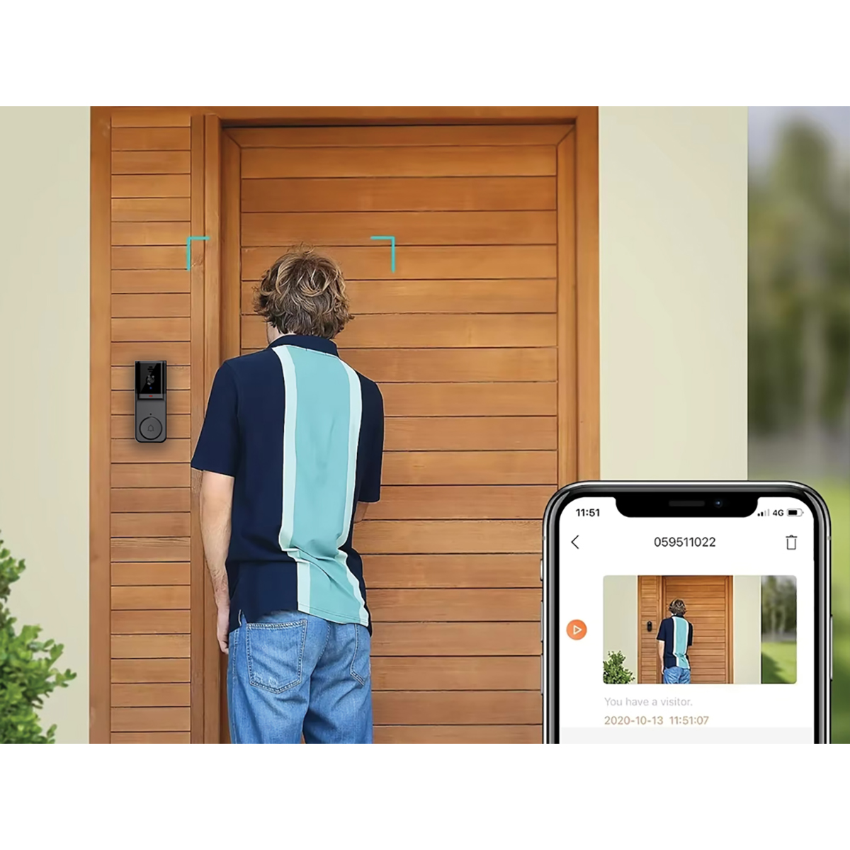 Mann vor Holztür, Türklingelkamera und Handy-Benachrichtigung.