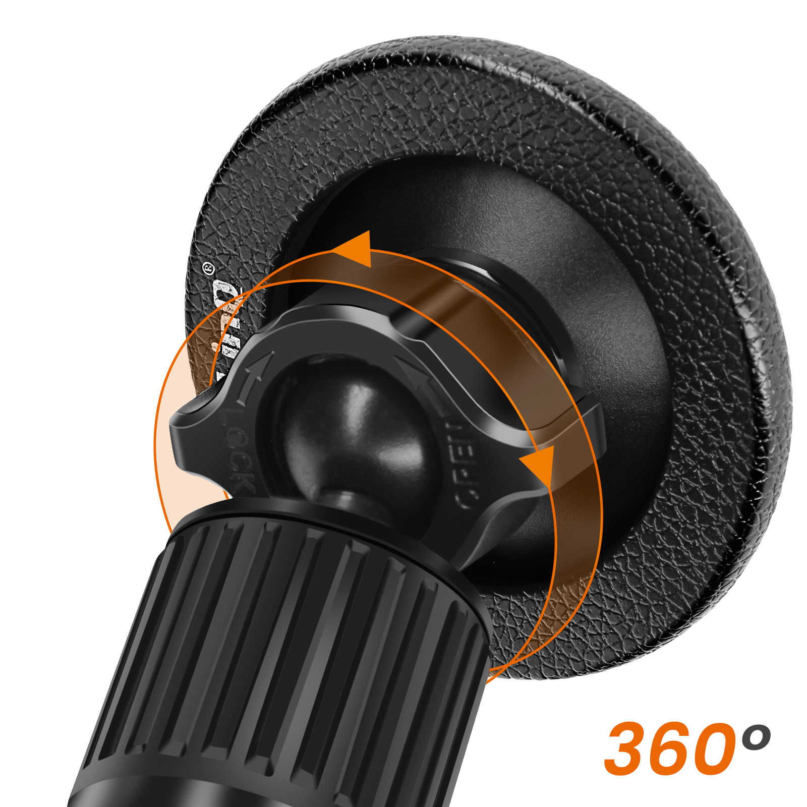 Supporto con ventosa nero con rotazione a 360 gradi, marchiato 'LOCK' e 'OPEN'.
