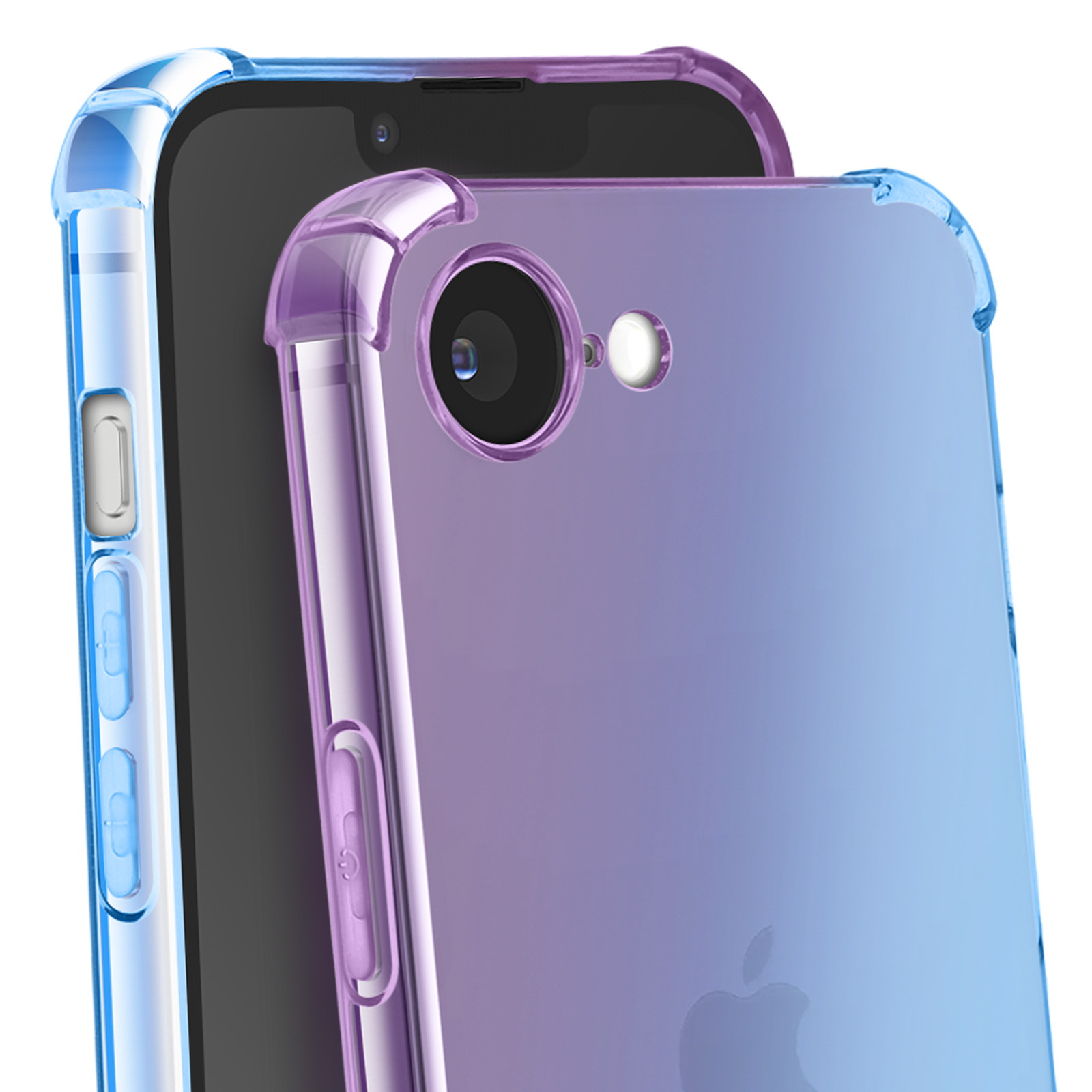 Twee telefoons met doorzichtige hoesjes; één blauw, één paars-blauw.