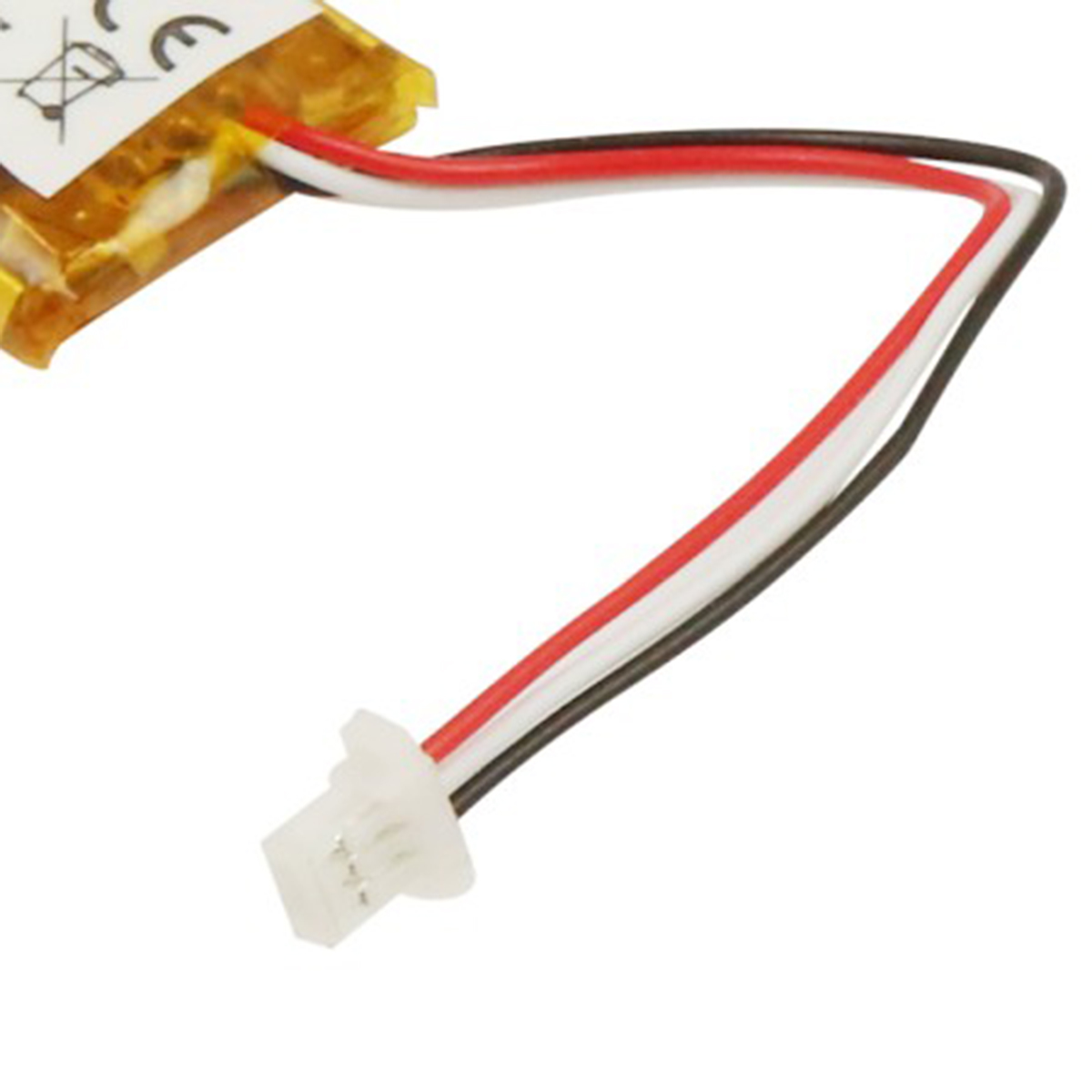 Ein kleiner Lithium-Akku mit rotem, weißem und schwarzem Kabel.