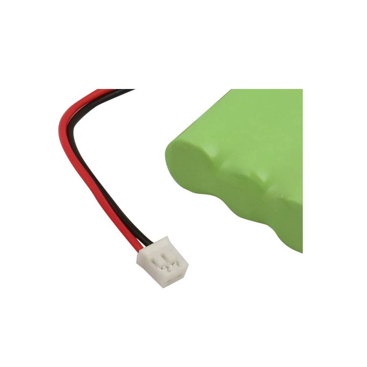 Grüne Batterie mit rotem und schwarzem Kabel und weißem Anschluss.