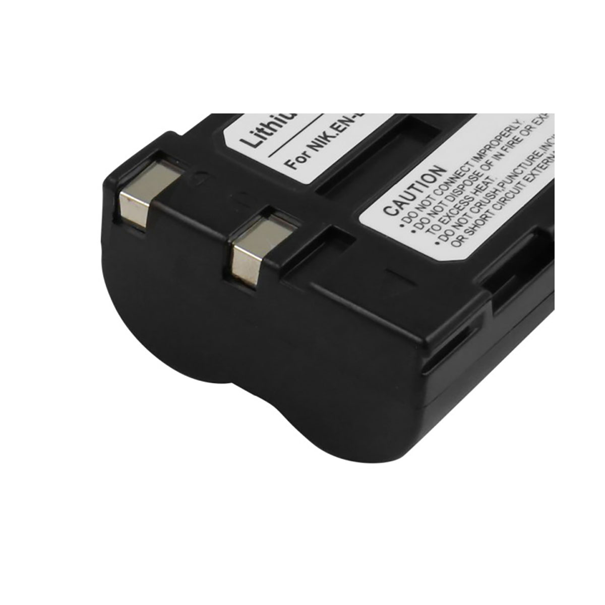 Una batteria agli ioni di litio nera per fotocamere Nikon con etichette di avvertenza.