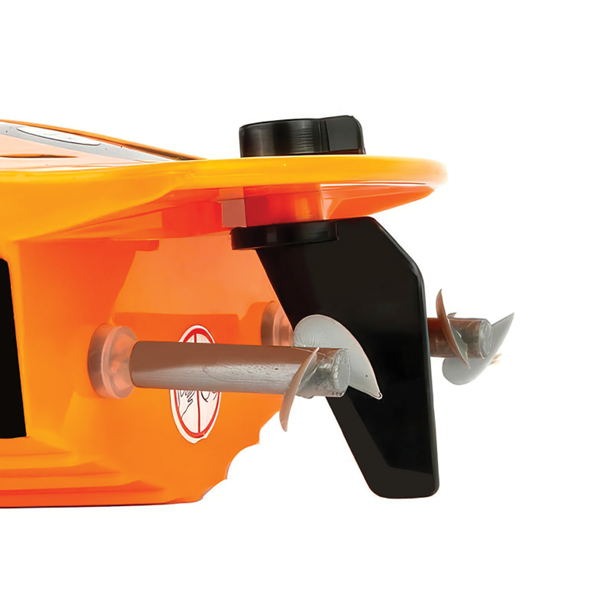 Orange-Bootheck mit zwei Propellern, schwarzem Ruder und schwarzem Deckel.