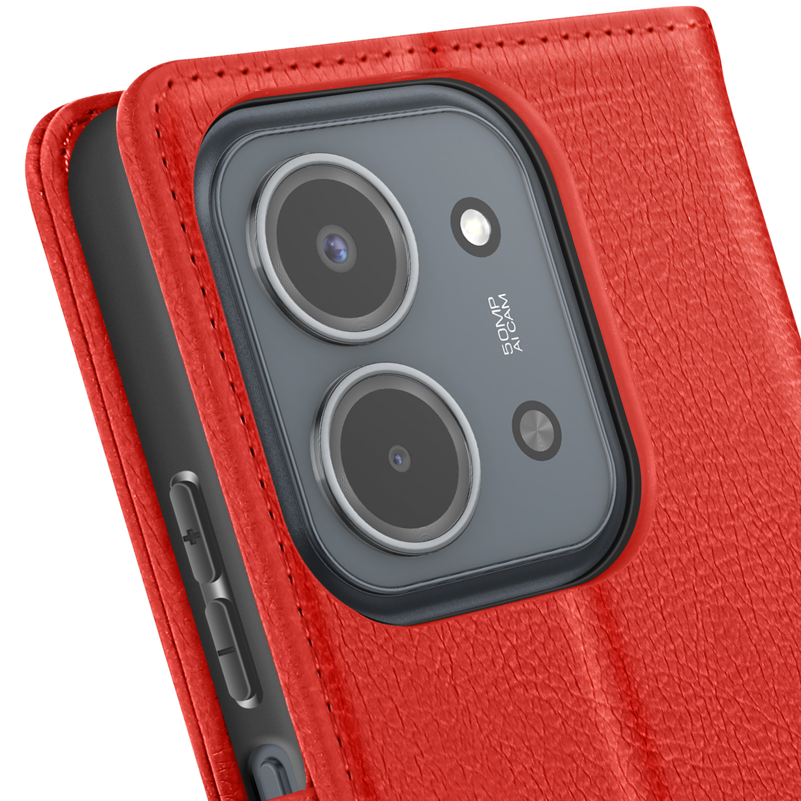 Custodia rossa per telefono con modulo fotocamera e pulsanti laterali.