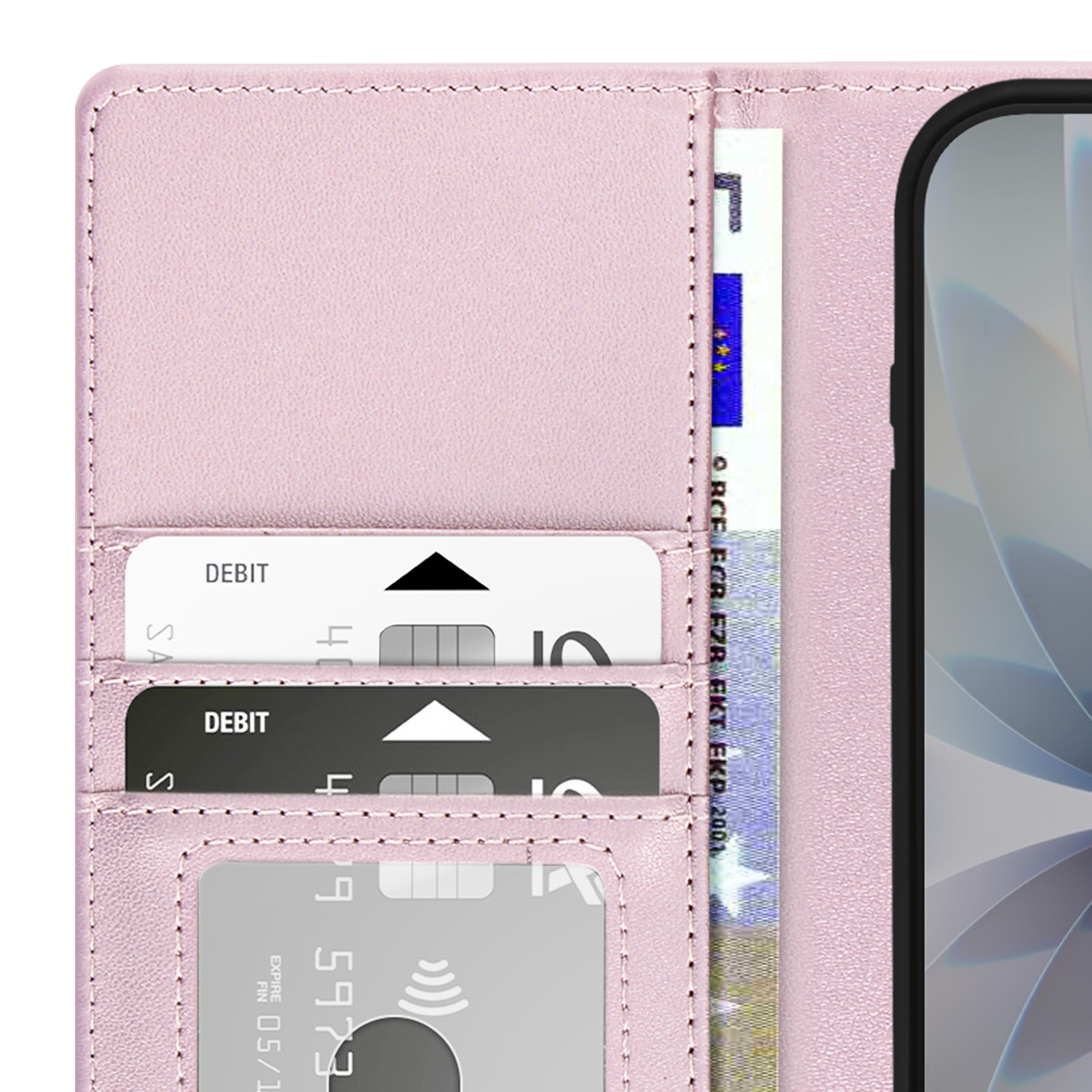 Portefeuille rose avec fentes pour cartes, cartes de débit, carte de crédit et billet.