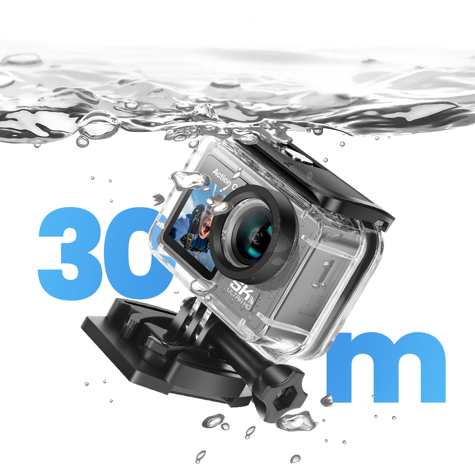 Wasserdichte Action-Kamera taucht, 30m Tiefe, 5K Ultra HD, mit Skydiver im Display.