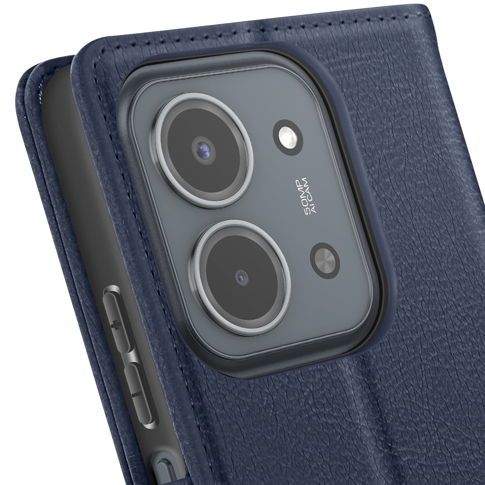 Primo piano del retro di una custodia per telefono blu scuro con obiettivo della fotocamera.