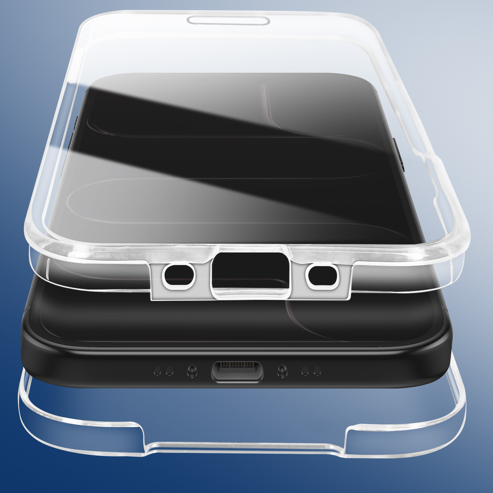 Una custodia trasparente su uno smartphone nero.