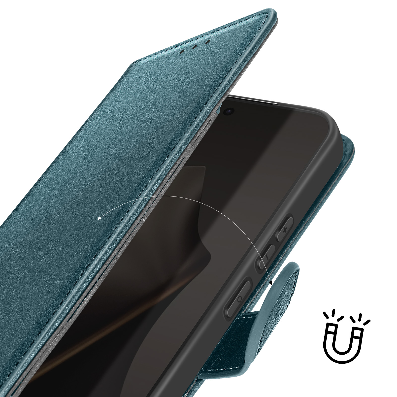 Ein petrolfarbenes Handycover wird geöffnet, das einen schwarzen Bildschirm zeigt.