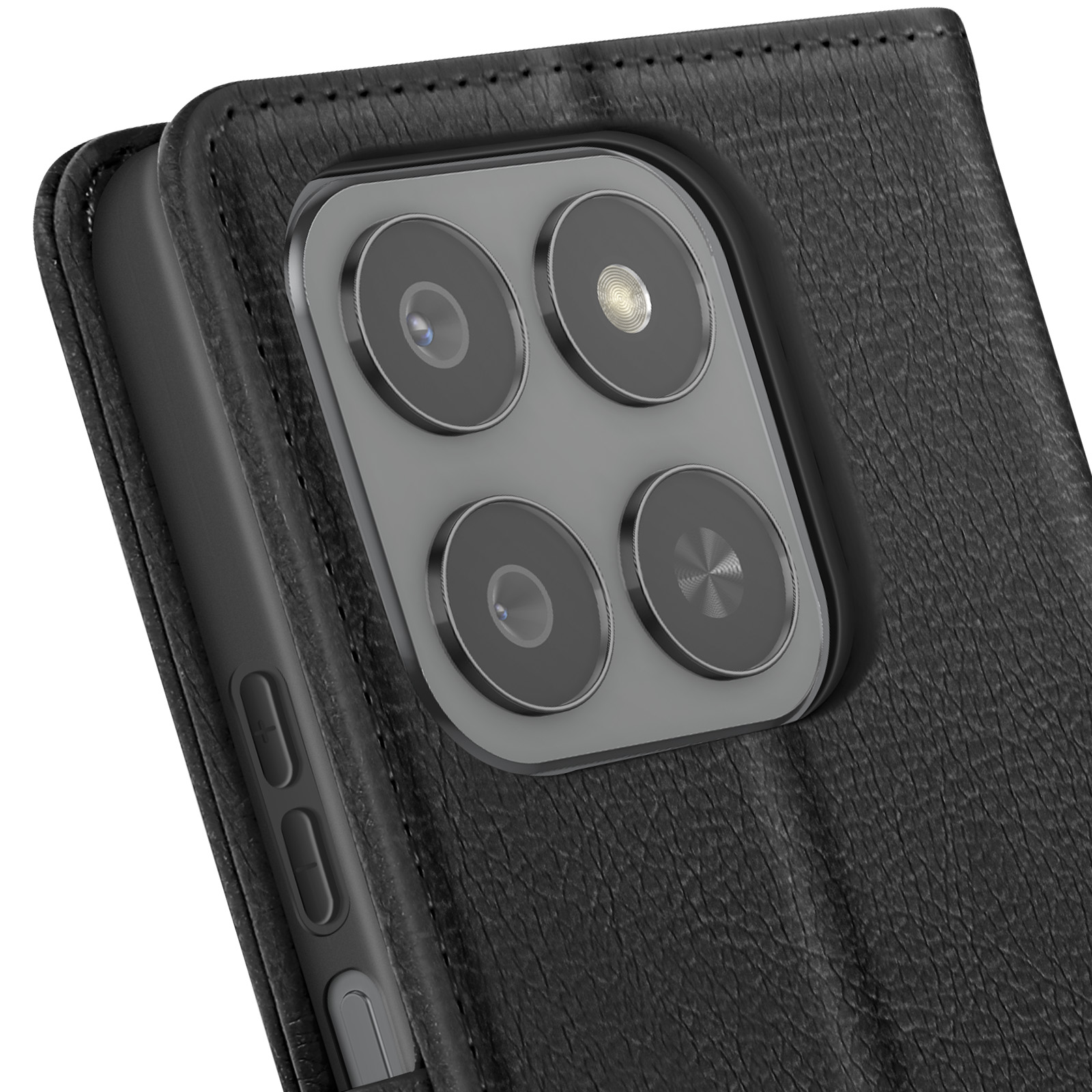 Primo piano di una custodia nera per telefono con quattro obiettivi e pulsanti del volume.