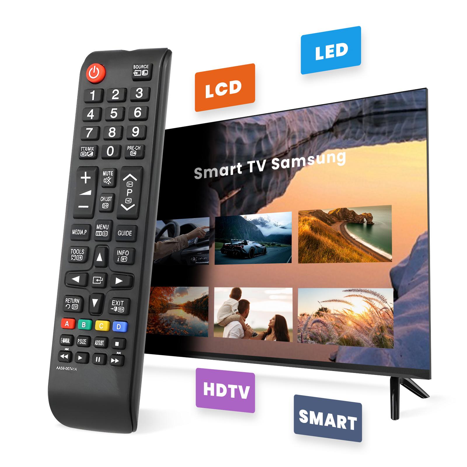Un Smart TV Samsung negro con control remoto, etiquetas LCD, LED, HDTV y SMART.