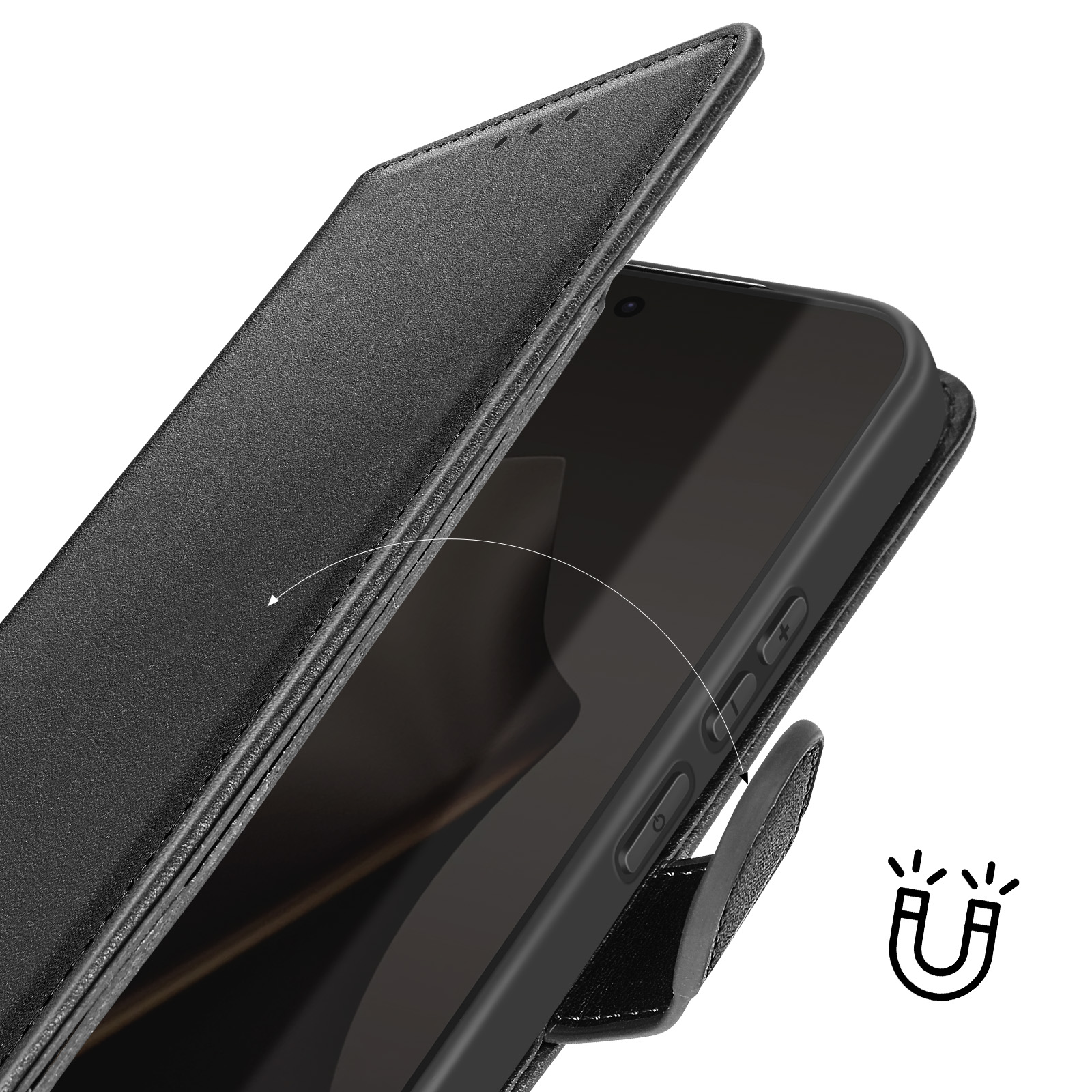 Custodia a libro in pelle nera per smartphone con chiusura magnetica.