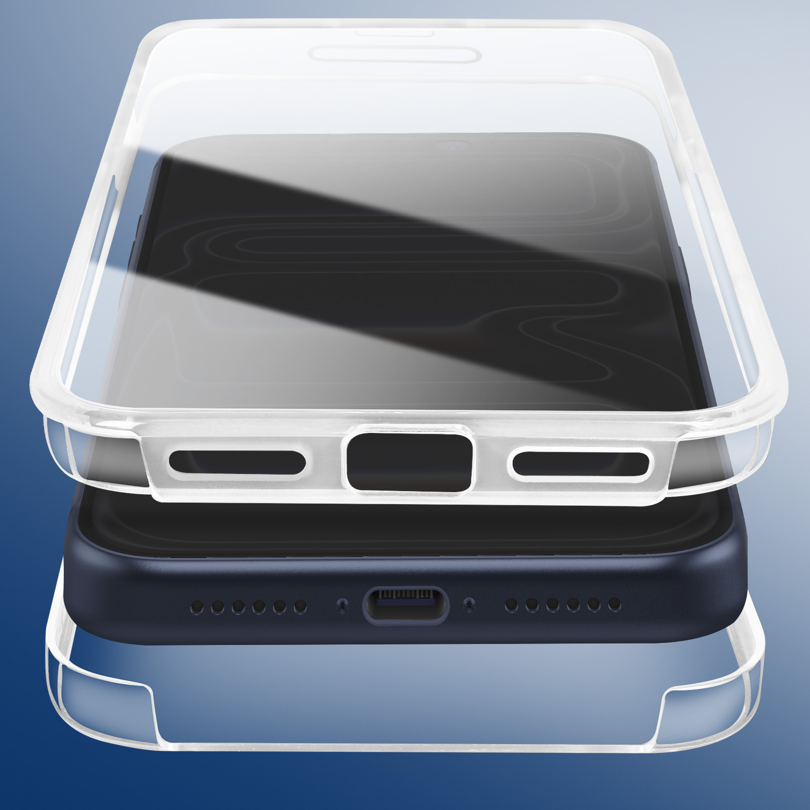 Een donkere smartphone in een doorzichtige hoes op een blauwe achtergrond.