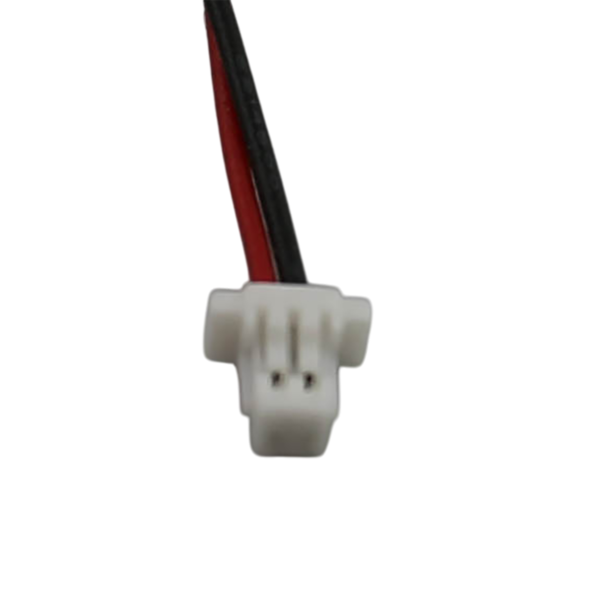 Un connettore bianco con fili rosso e nero.