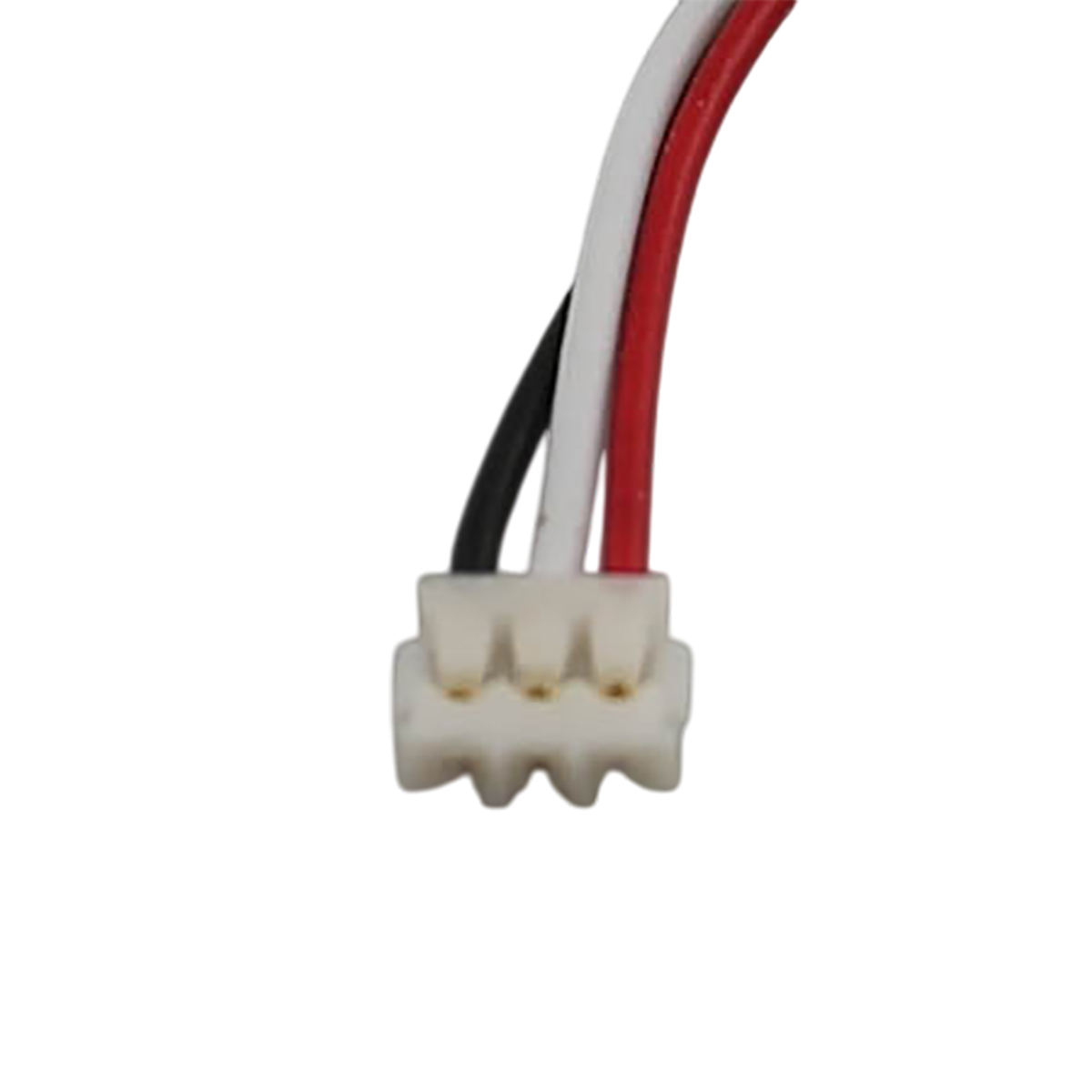 Ein weißer Stecker mit drei roten, schwarzen und weißen Kabeln.