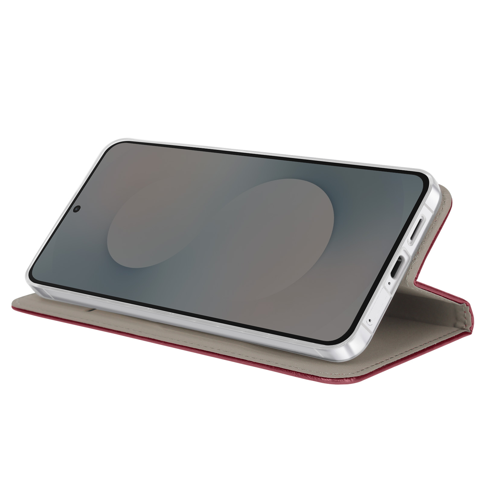 Étui de téléphone rouge avec rabat ouvert et smartphone argenté.