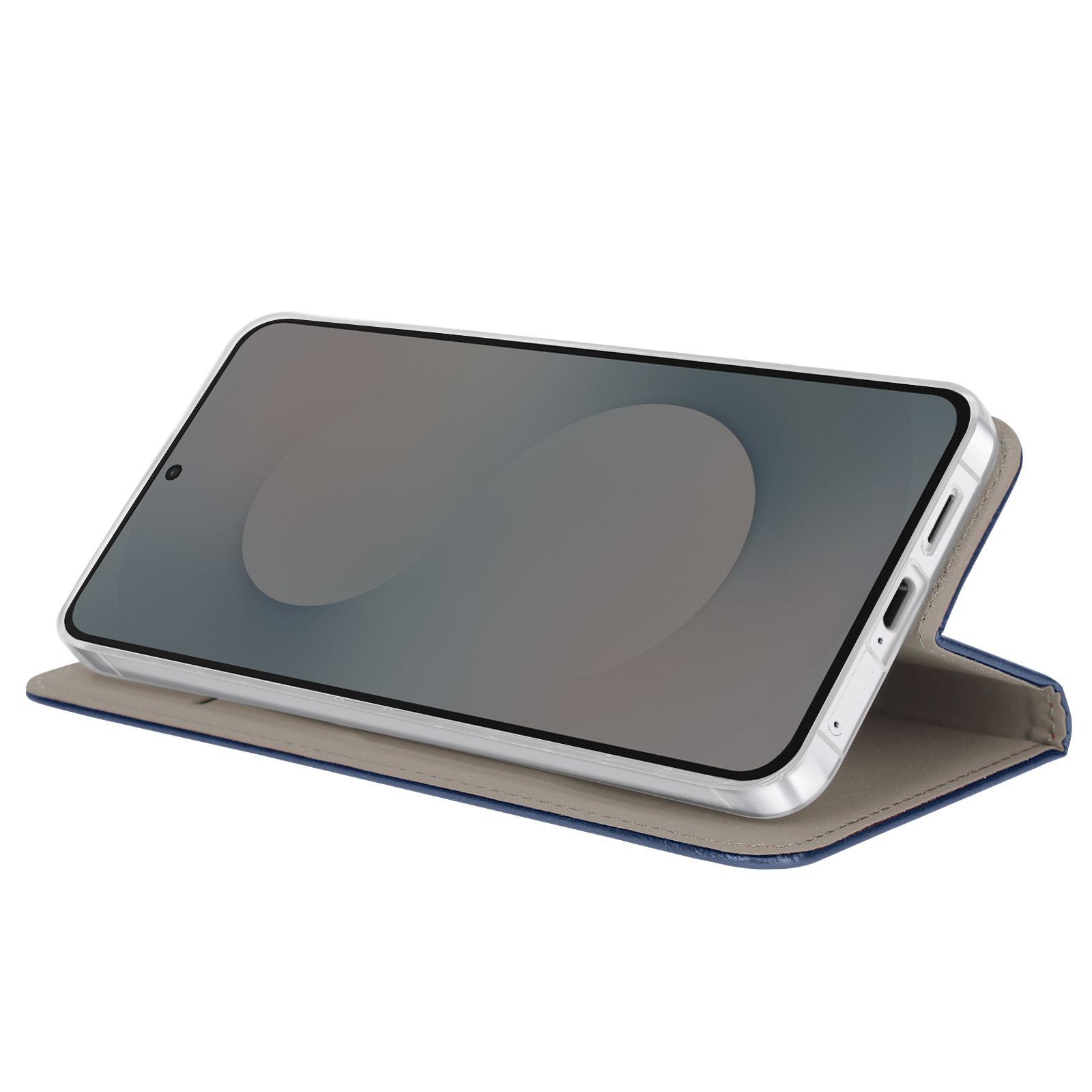 Étui à rabat en cuir bleu pour smartphone, position verticale.