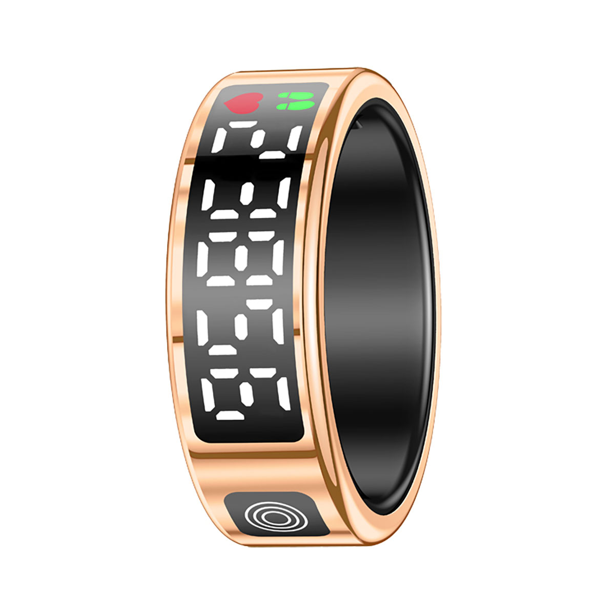 Ein goldener Ring mit einem schwarzen Display, das weiße Ziffern und Symbole anzeigt.
