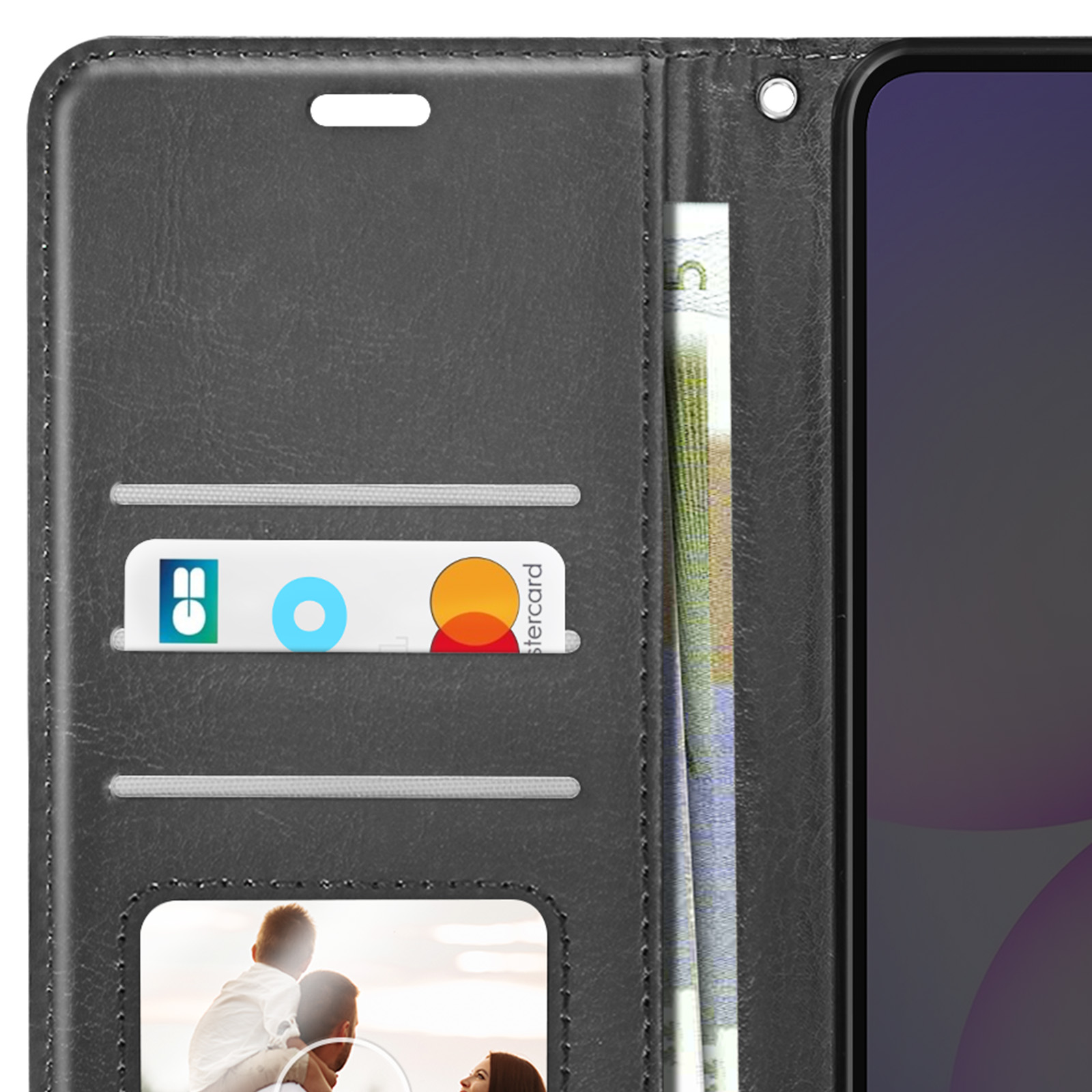 Portefeuille noir avec emplacements pour cartes, billets et photo de famille.